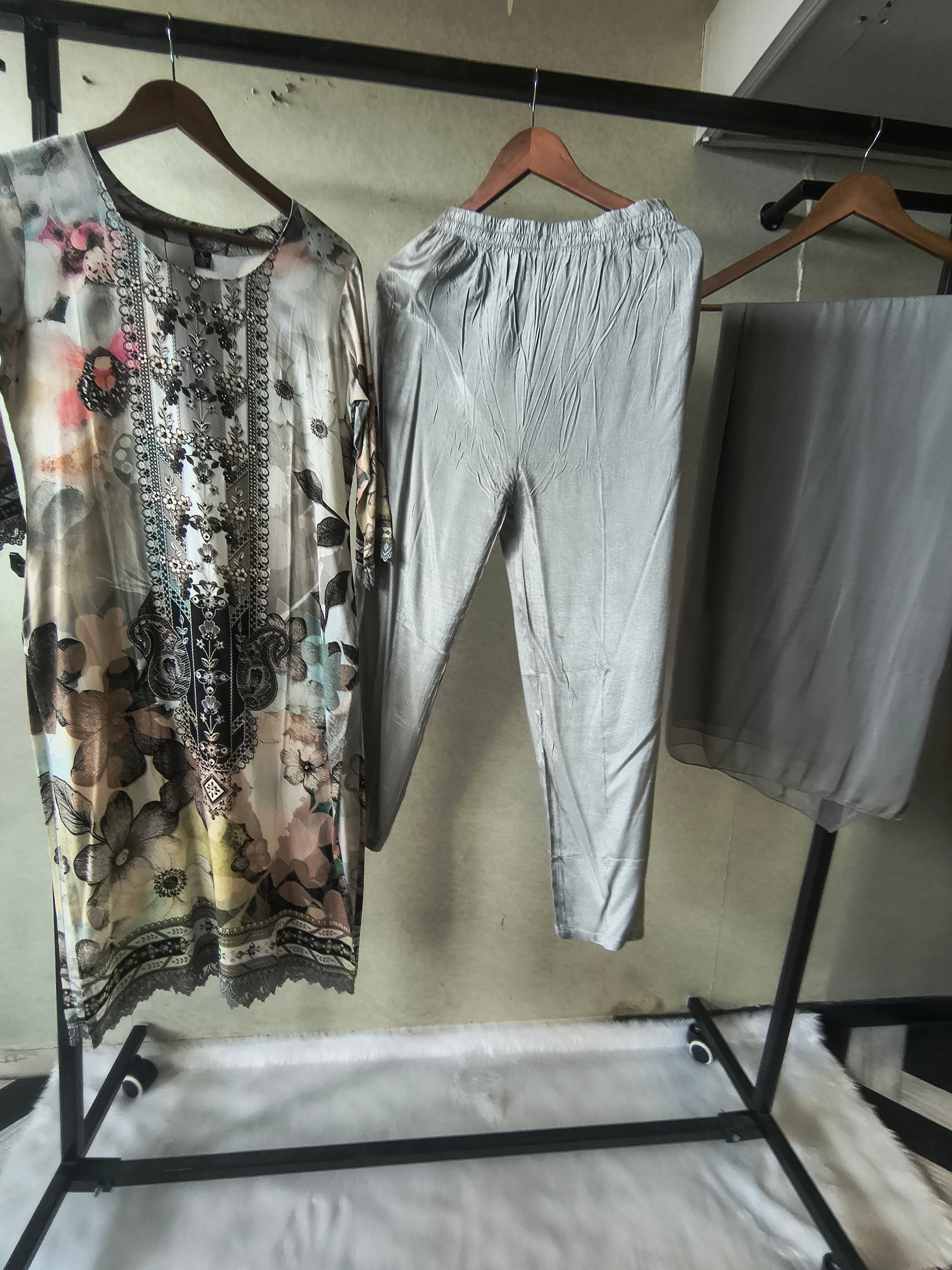 Image of Premium Grey Floral Printed Kurta Set with Solid Pants & Chiffon Dupatta