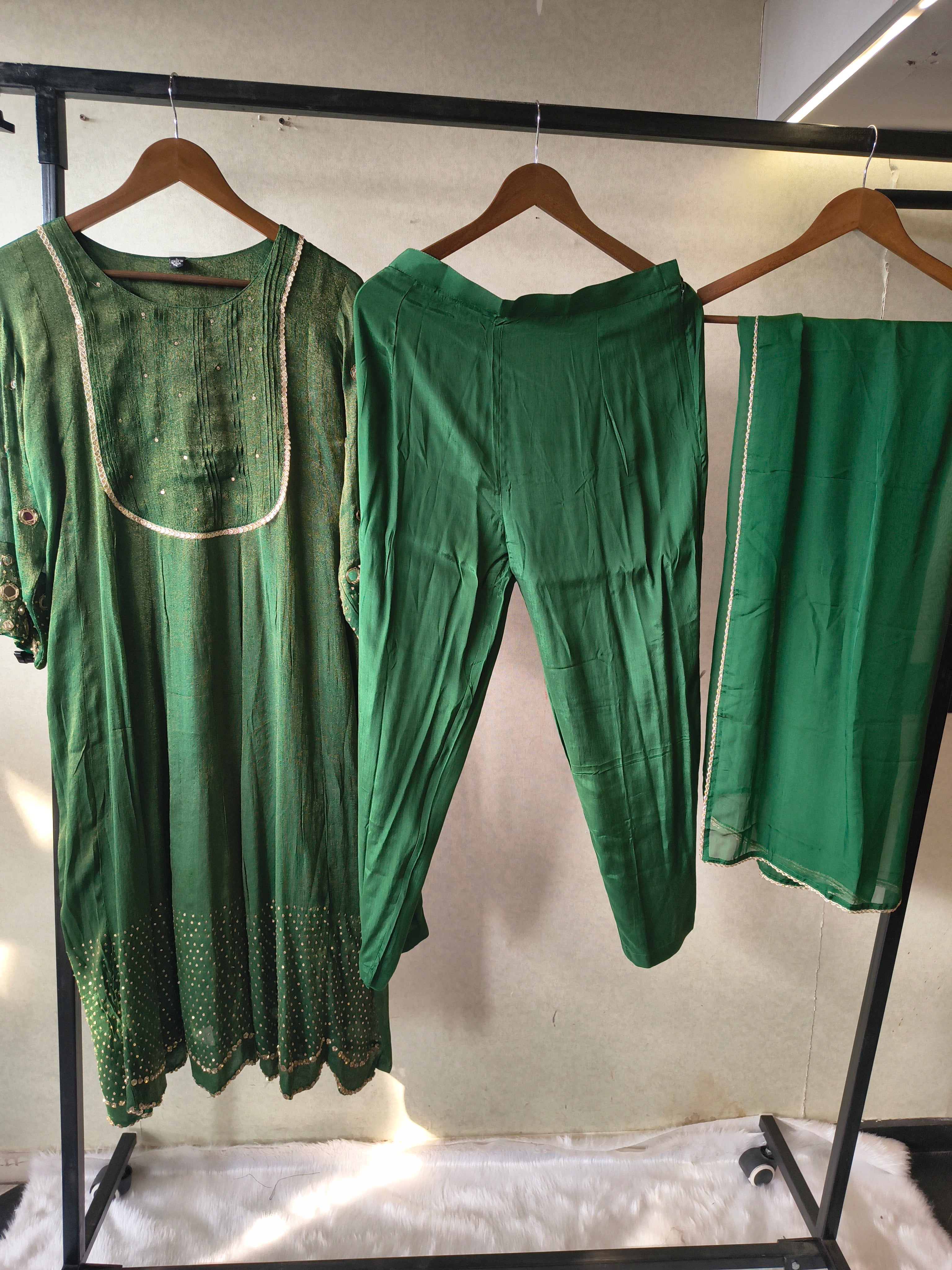 Image of Emerald Green Georgette Anarkali Suit Set with Pintuck Yoke, Sequin Detailing & Lace Border Dupatta – Premium 3 Piece Ethnic Ensemble