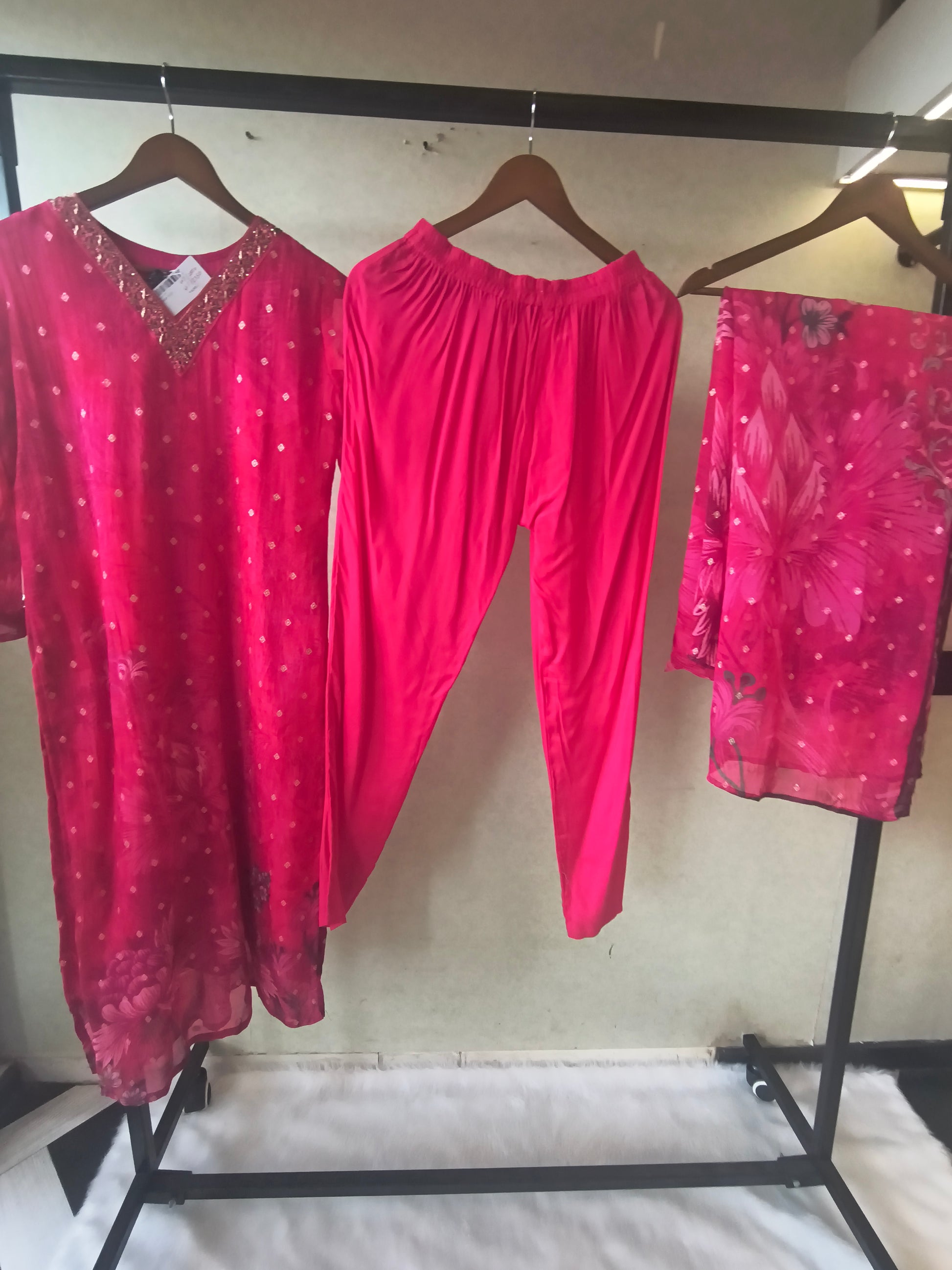 Premium Fuchsia Floral Printed Straight Kurta with Cigarette Pants & Dupatta Set