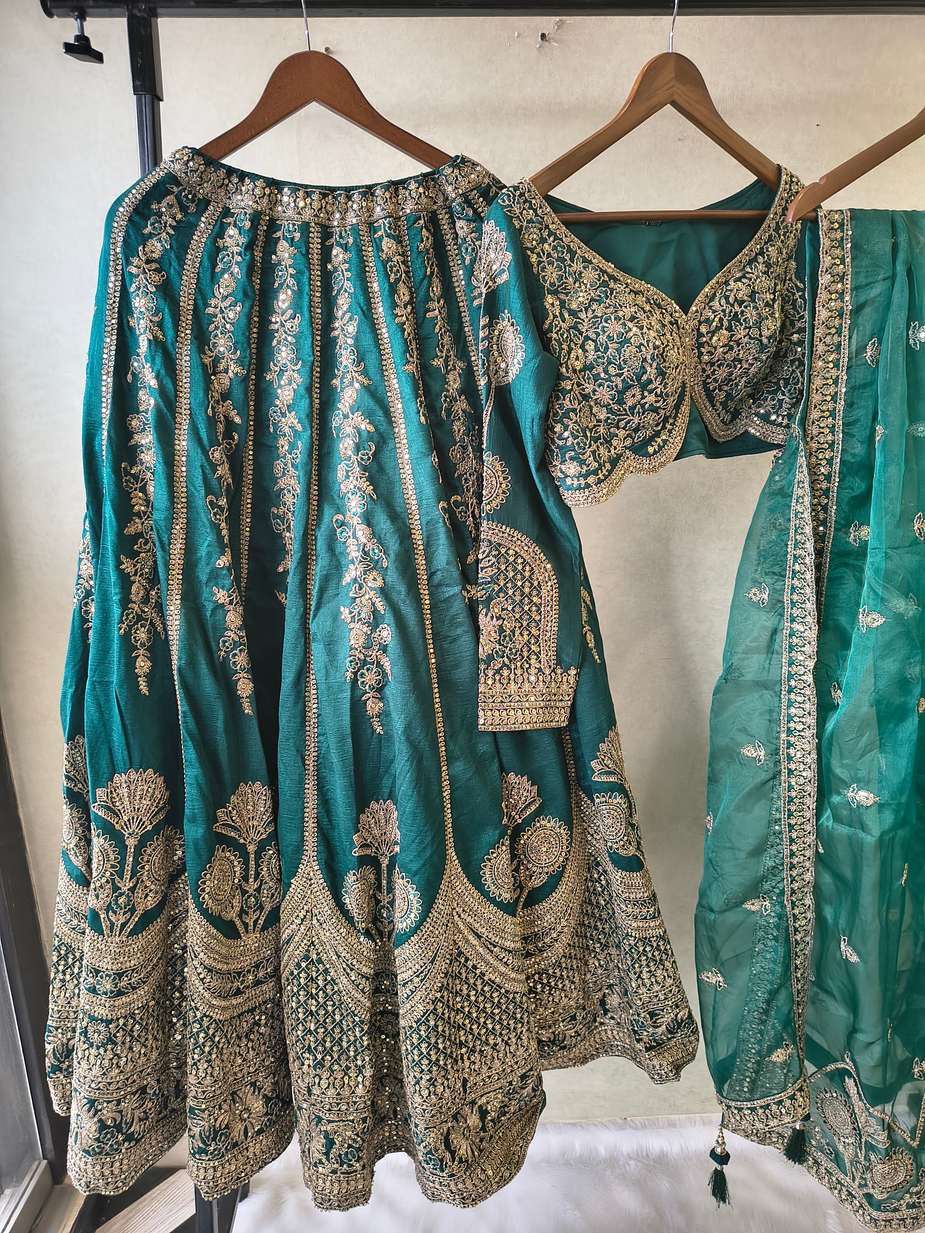 Image of Emerald Teal Heavy Embroidered Designer Lehenga Set with Bridal Blouse & Organza Dupatta | Premium Wedding Collection