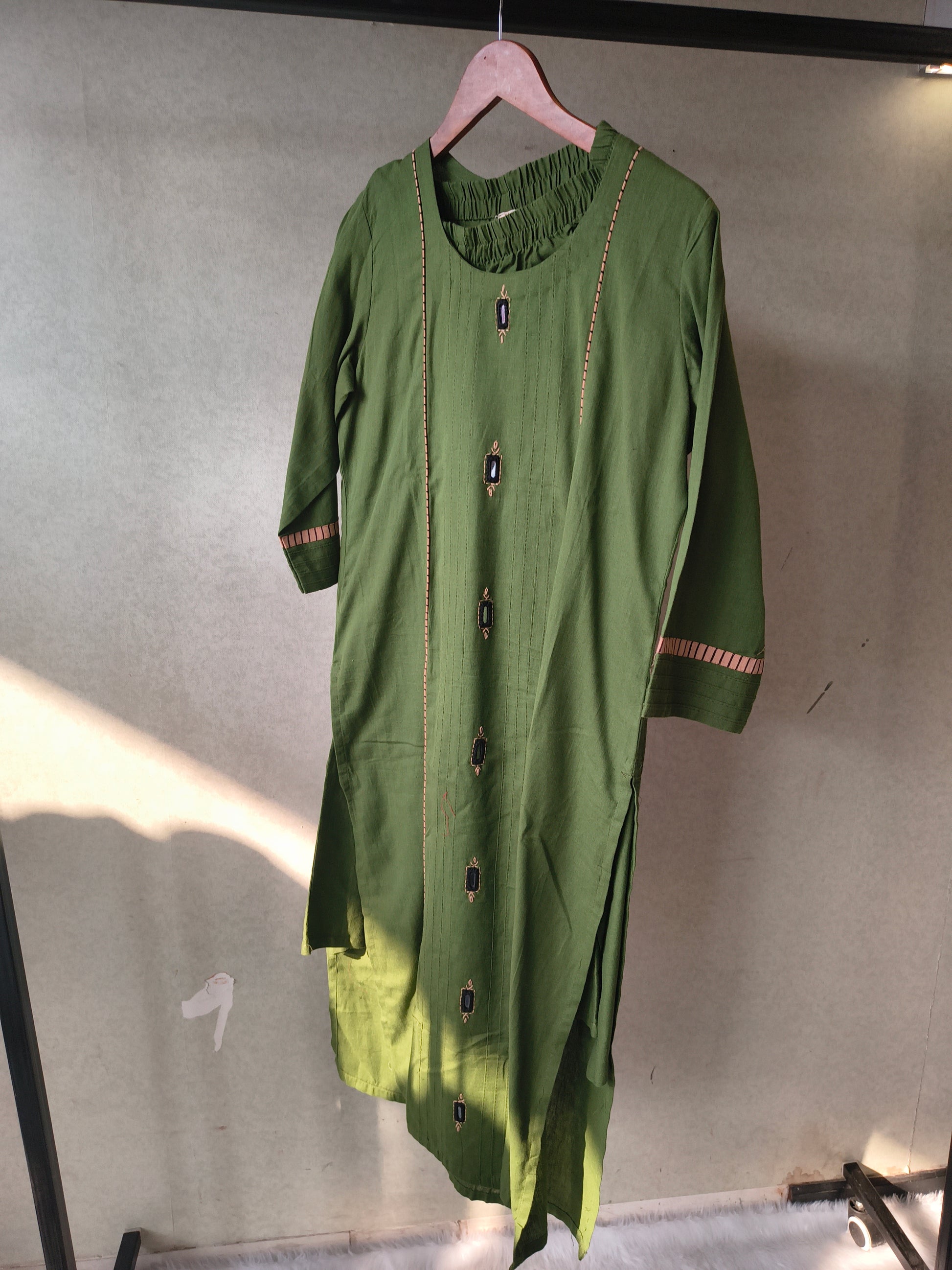 Tadko Premium Olive Green Straight Kurta Co-Ord Set with Embellished Yoke
