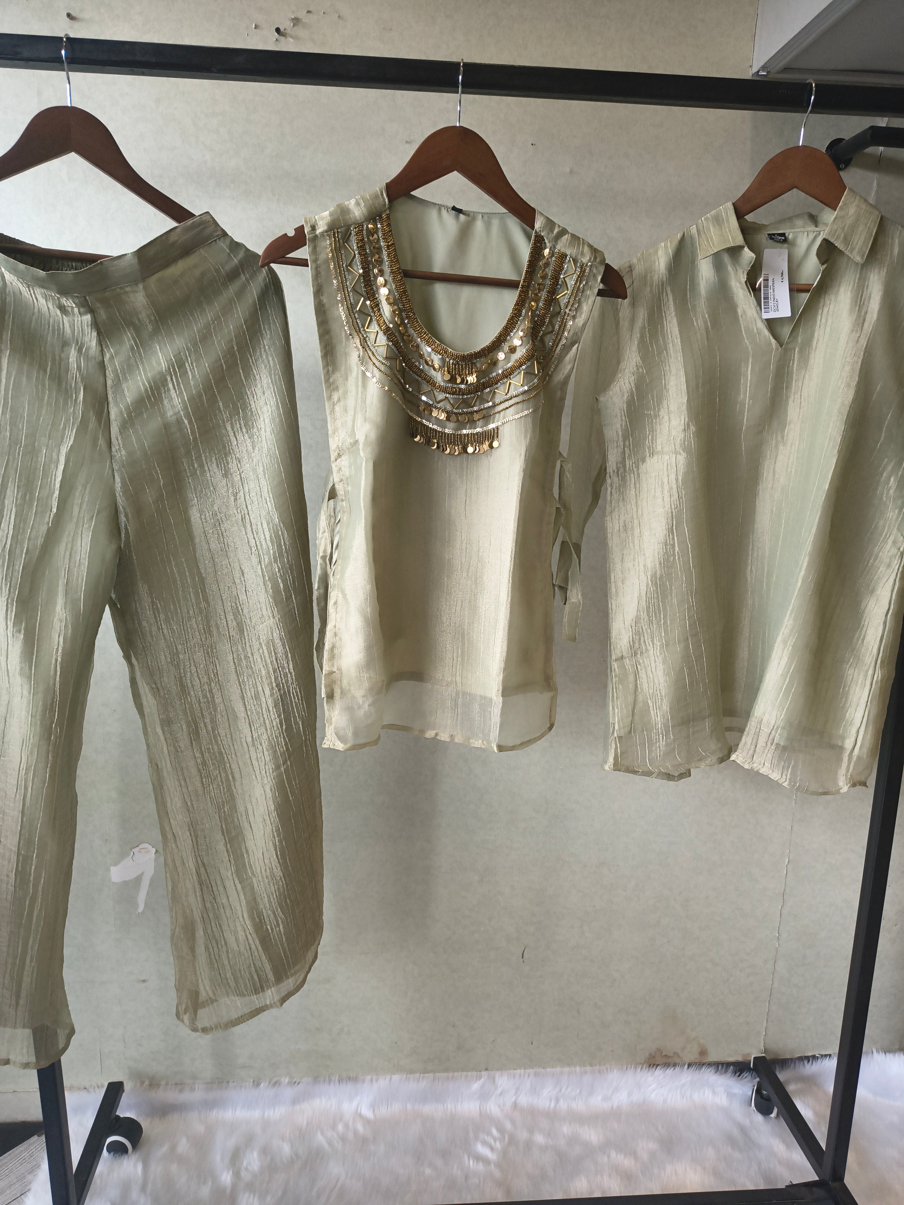 Image of Premium Sage Grey Tissue Silk 3-Piece Co-Ord Set with Antique Hand Embellished Jacket, Inner & Palazzo
