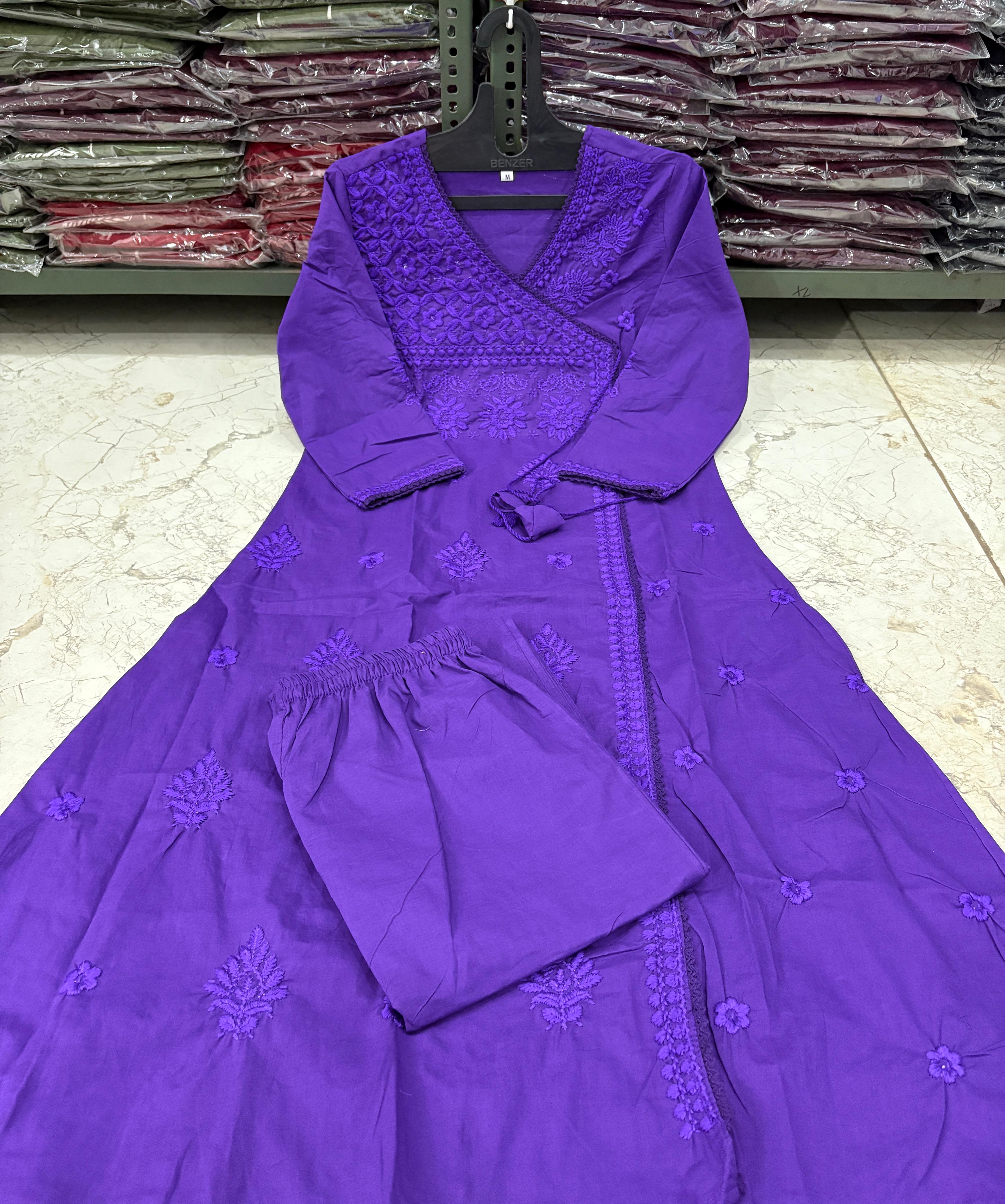 Image of Beautiful cotton chikankari angrakha style pant sets perfect for this Summer
Women's Embroidered& pitten work printed Cotton kurta & pant with malmal dupatta set