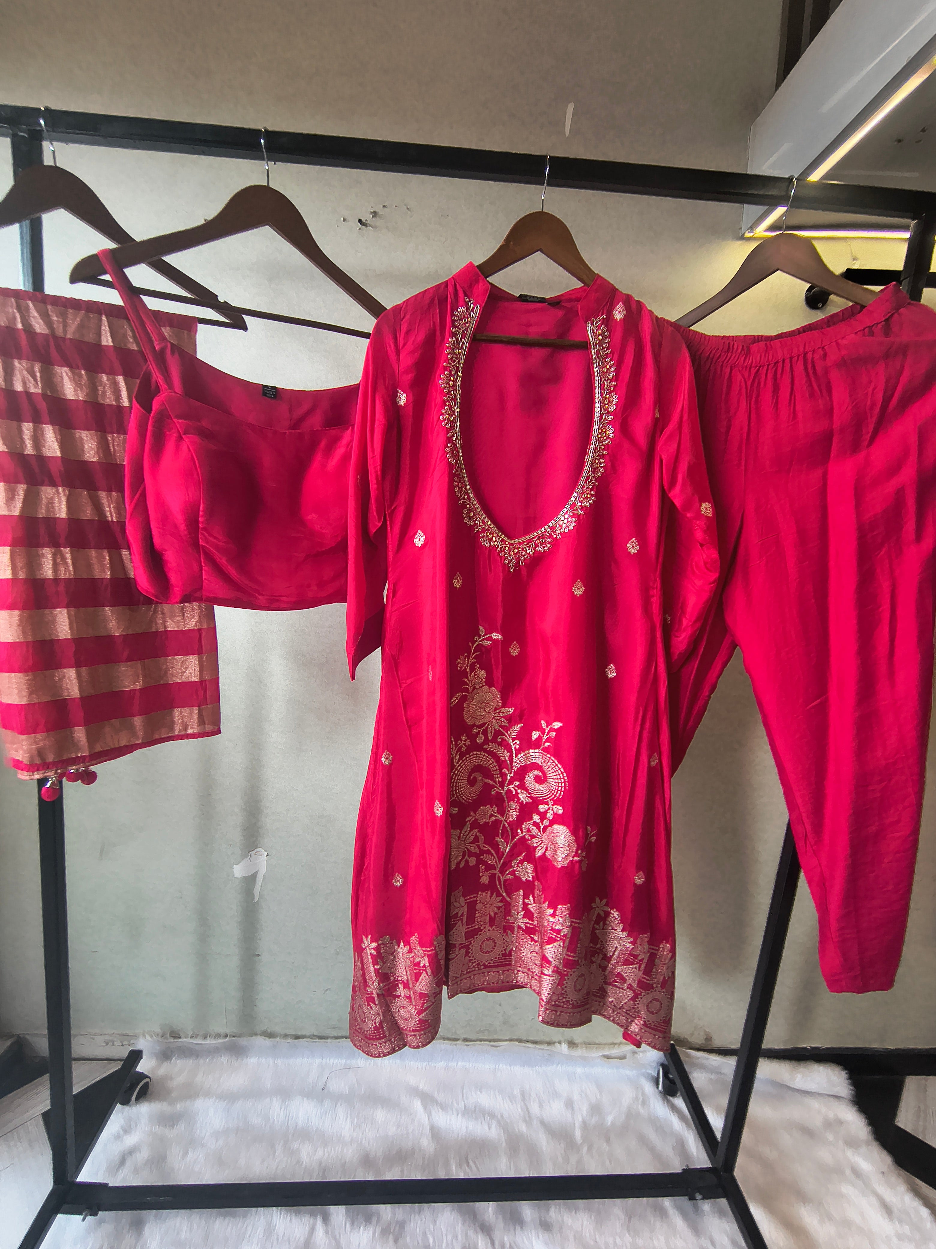 Image of Rani Pink Embroidered Asymmetrical Kurta with Inner, Cigarette Pants & Metallic Striped Dupatta – 4 Piece Designer Festive Set