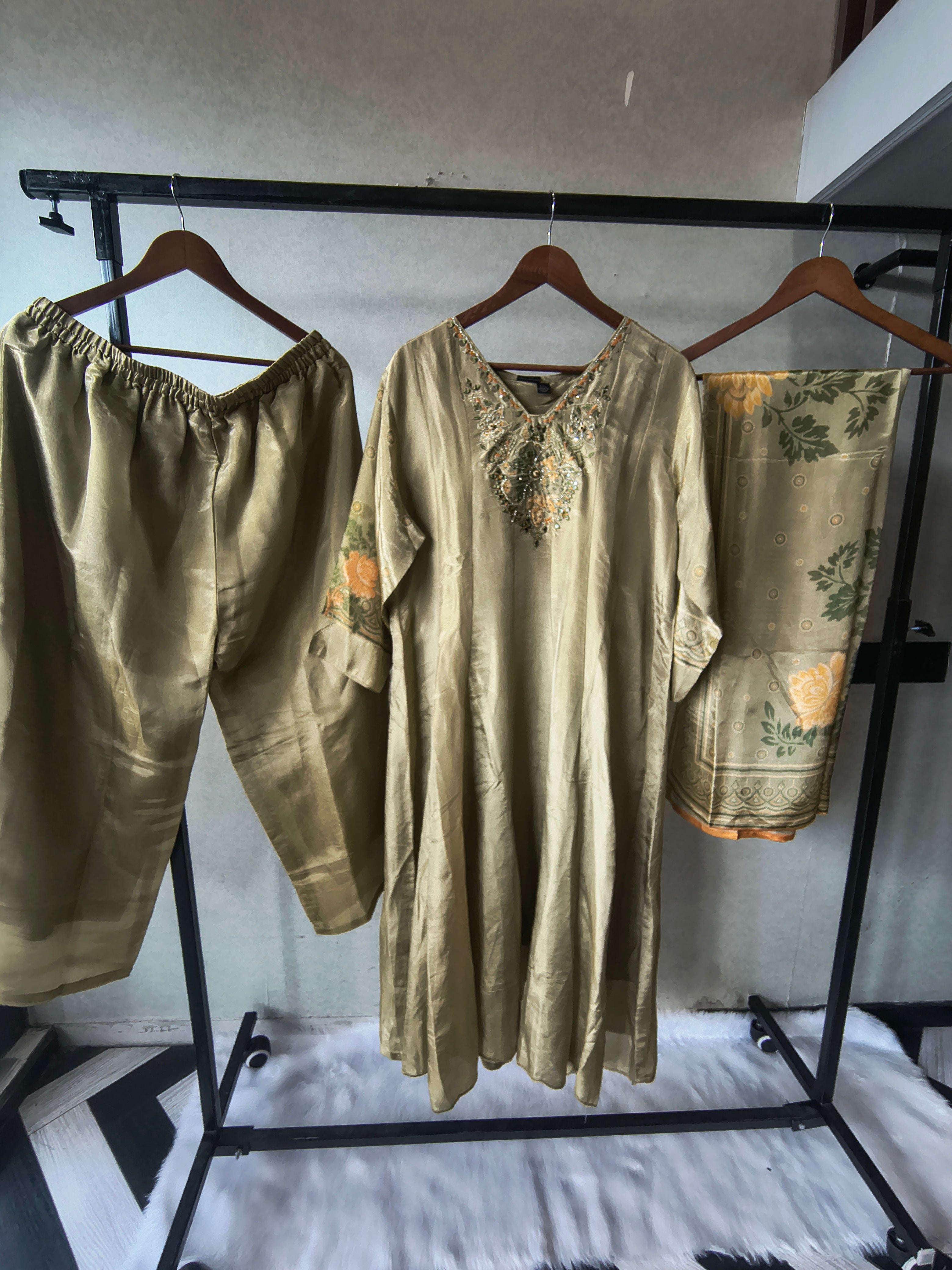 Image of Premium Pistachio Green Embroidered Silk Kurta Set with Printed Dupatta