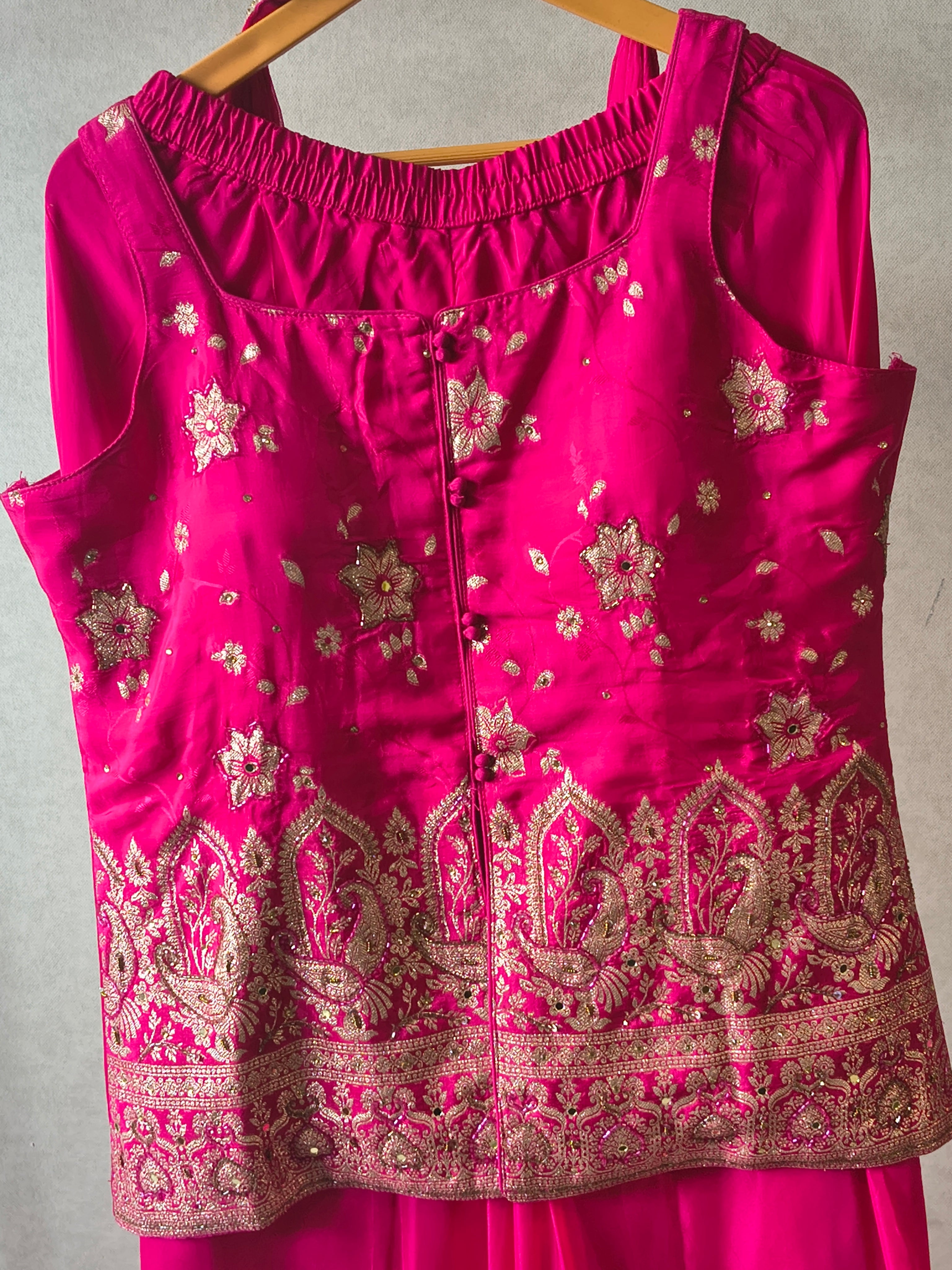 Image of Premium Rani Pink Satin Silk 3-Piece Lehenga Set with Heavy Zari Embroidered Blouse & Dupatta