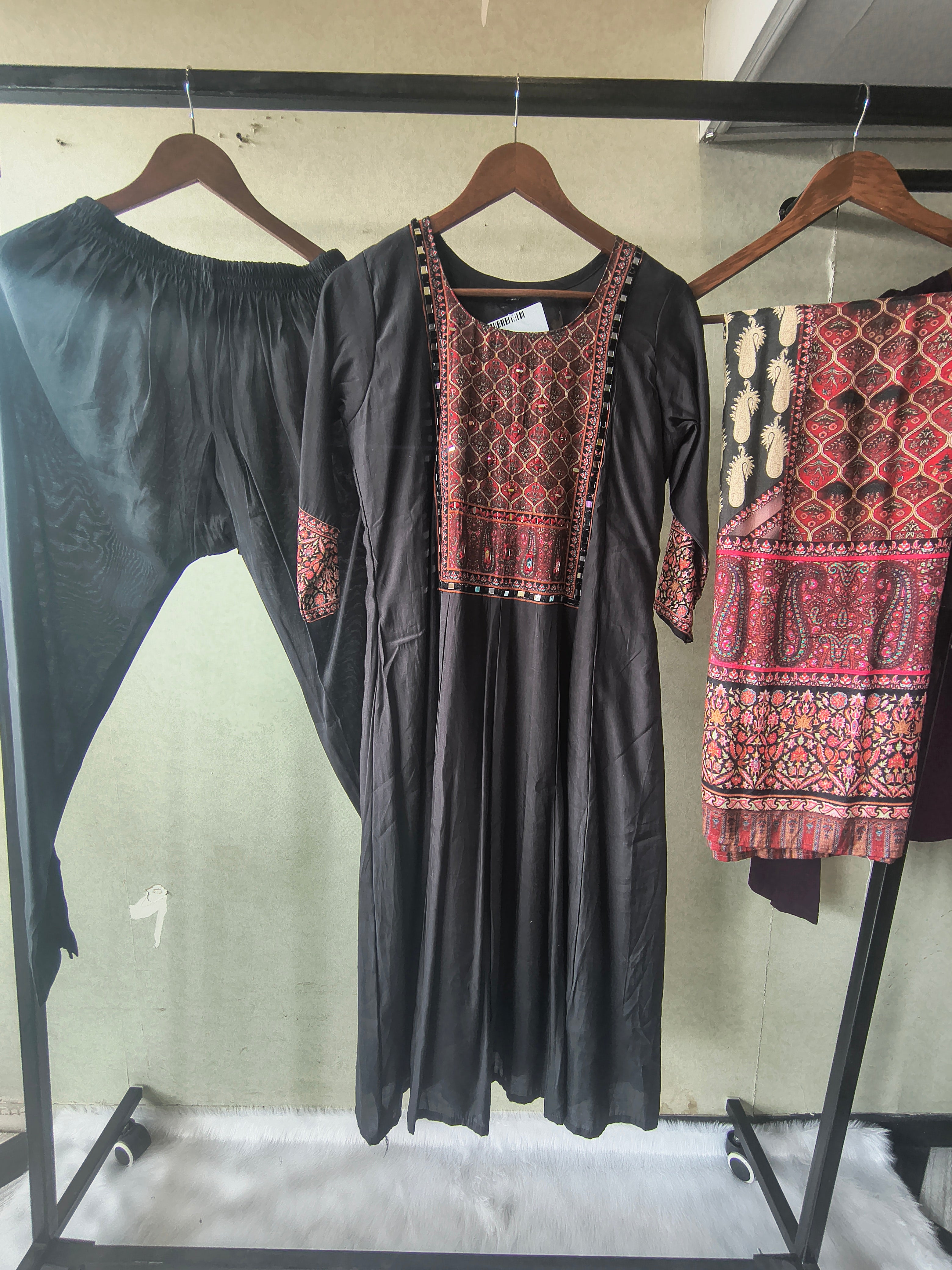 Image of Premium Black Printed Anarkali Kurta Set with Ethnic Yoke, Solid Pants & Designer Dupatta