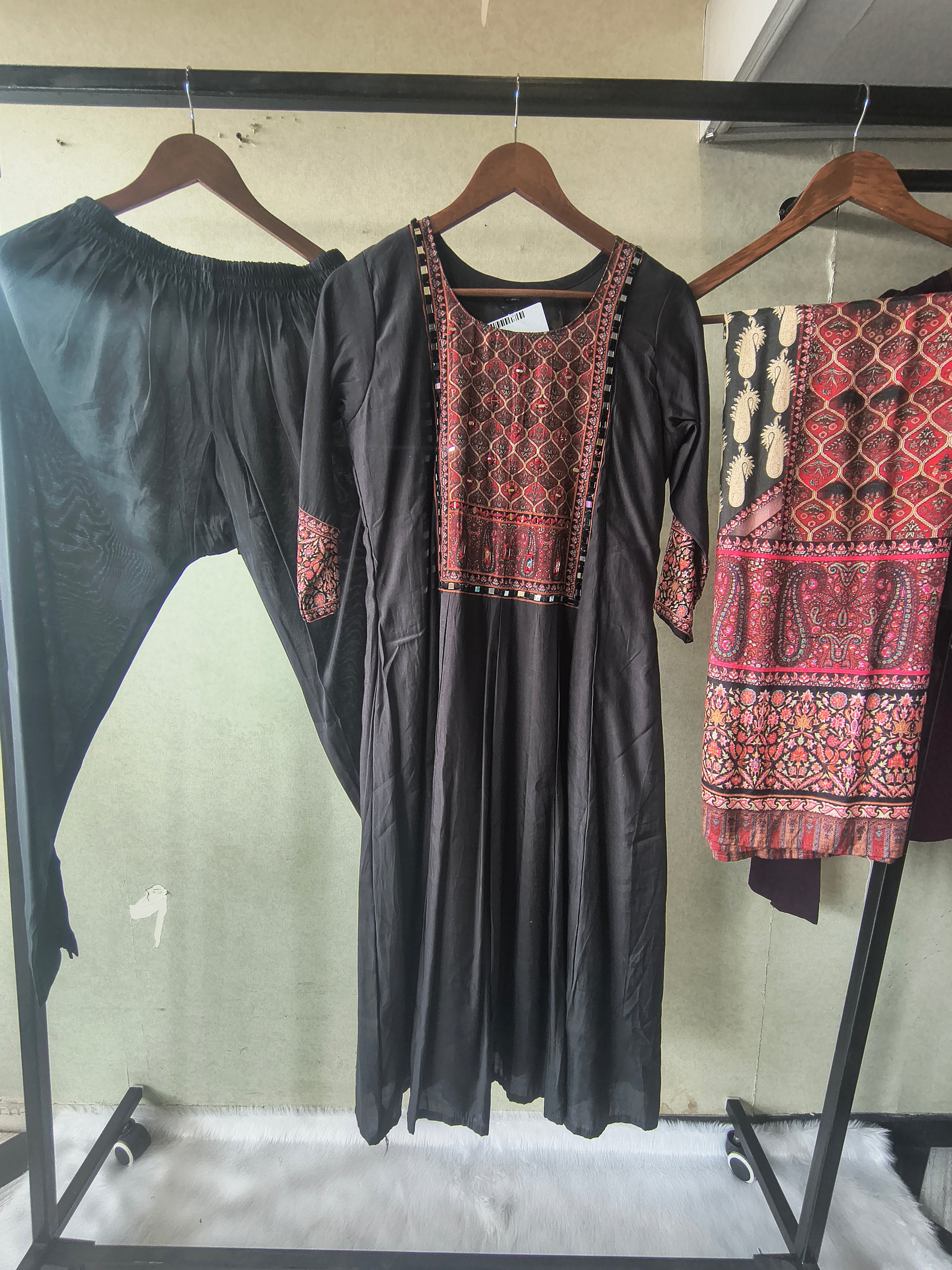 Premium Black Printed Anarkali Kurta Set with Ethnic Yoke, Solid Pants & Designer Dupatta