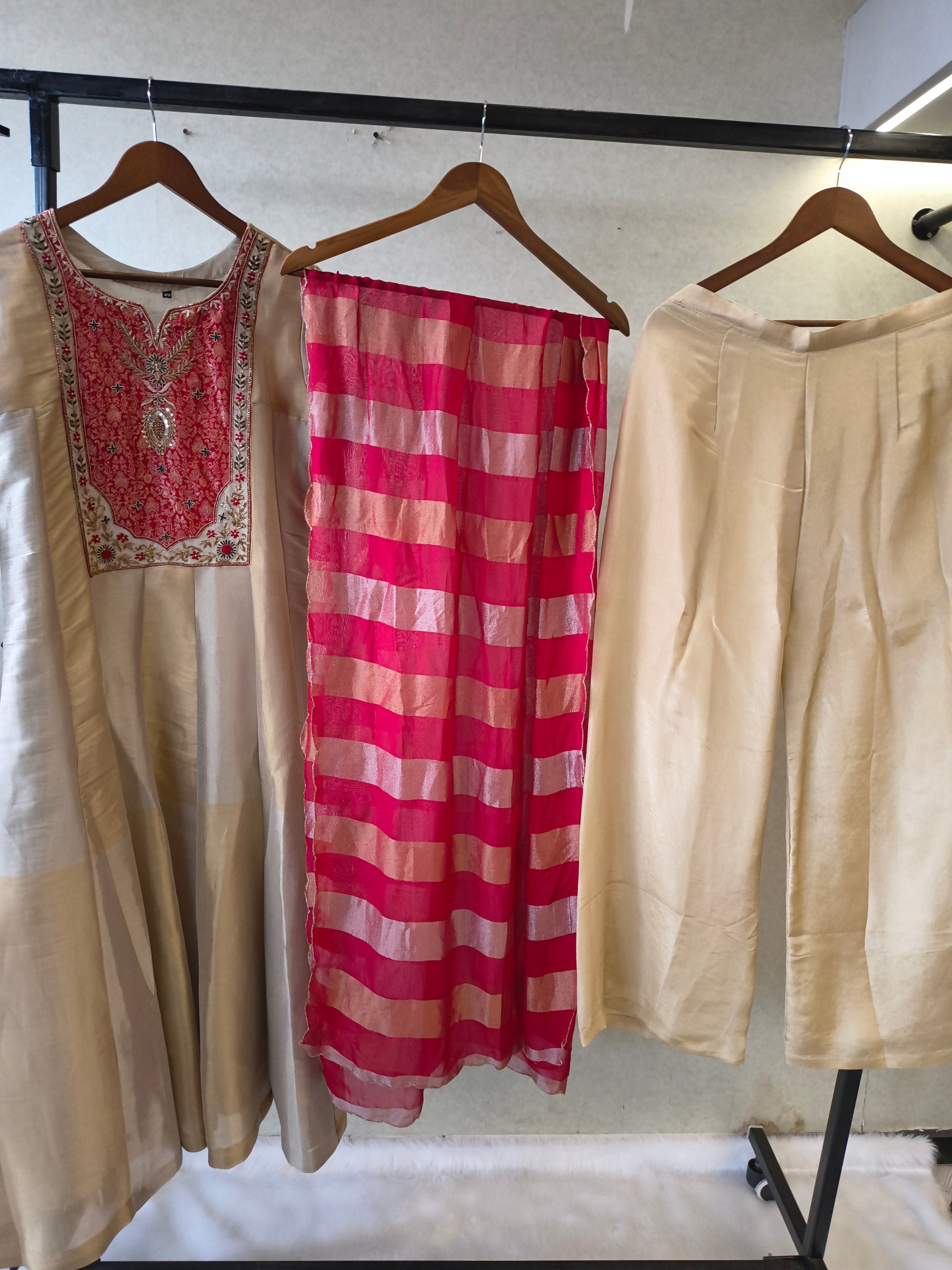 Ivory Embroidered Designer Kurta Set with Pink Striped Organza Dupatta | Premium 3 Piece Ethnic Suit