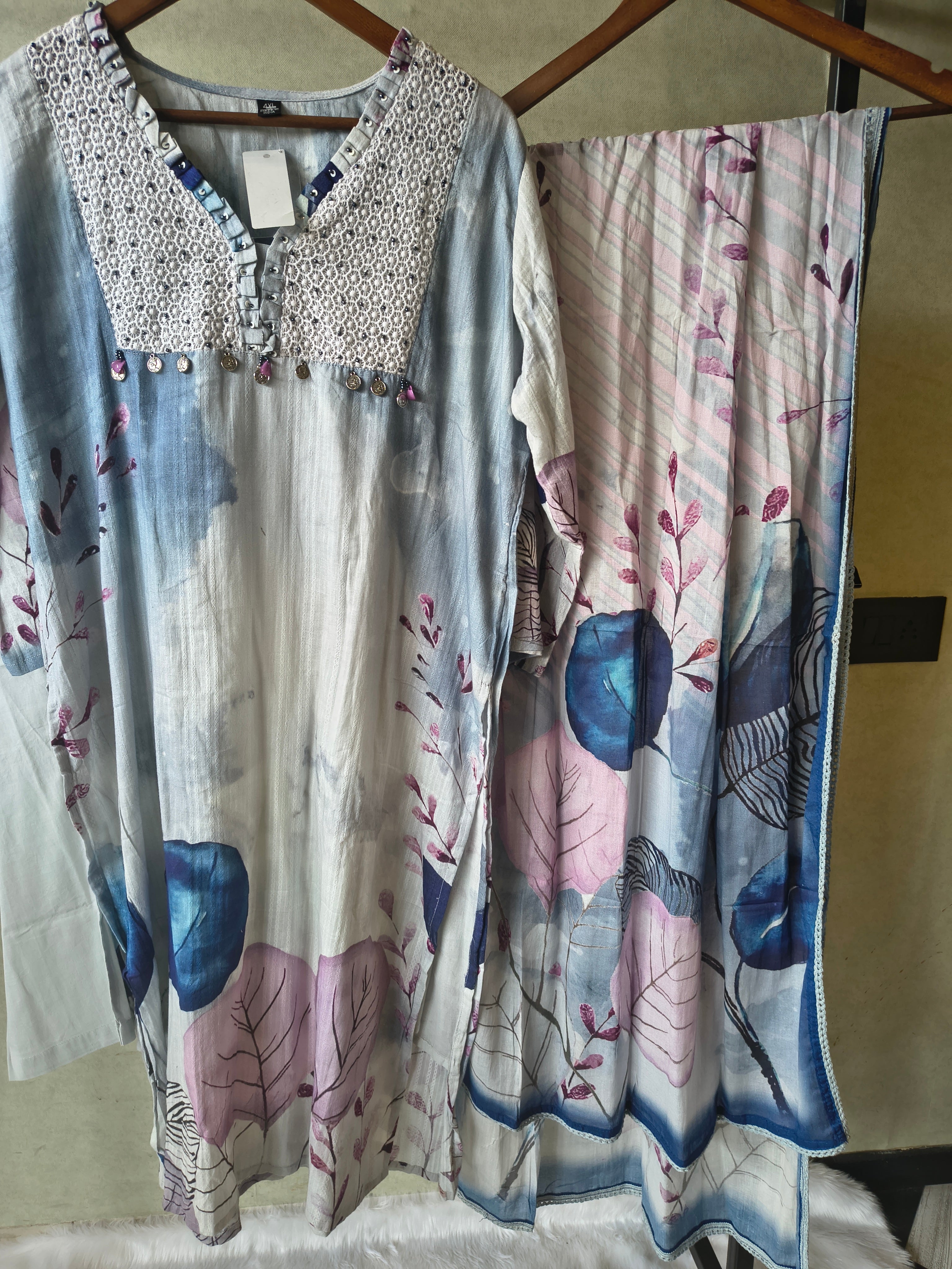 Image of Premium Ice Blue Floral Printed Straight Kurta Set with Crochet Yoke, Straight Pants & Designer Dupatta