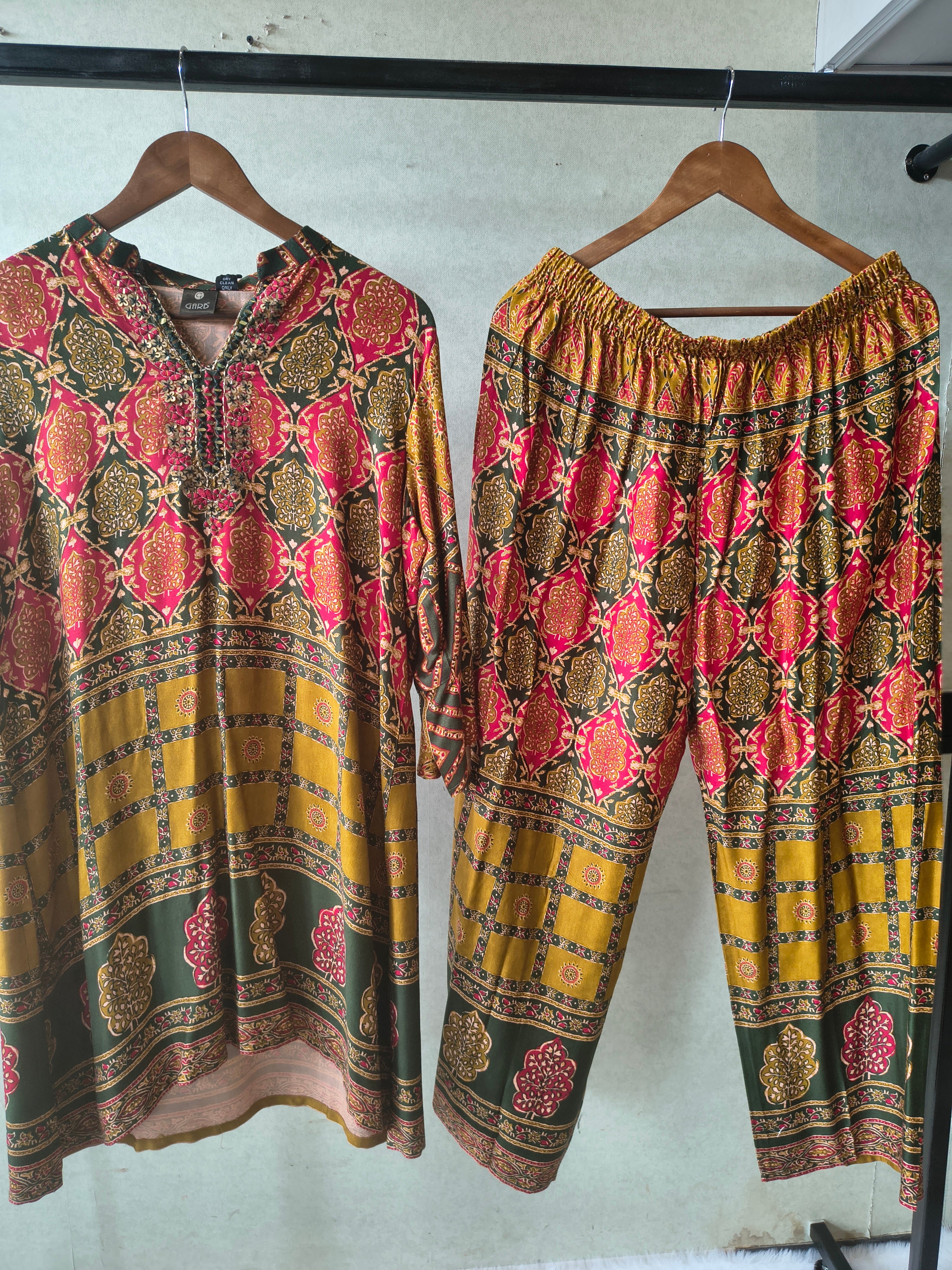 Image of Premium Olive Green & Mustard Heritage Print Co-Ord Kurta Set with Straight Pants
