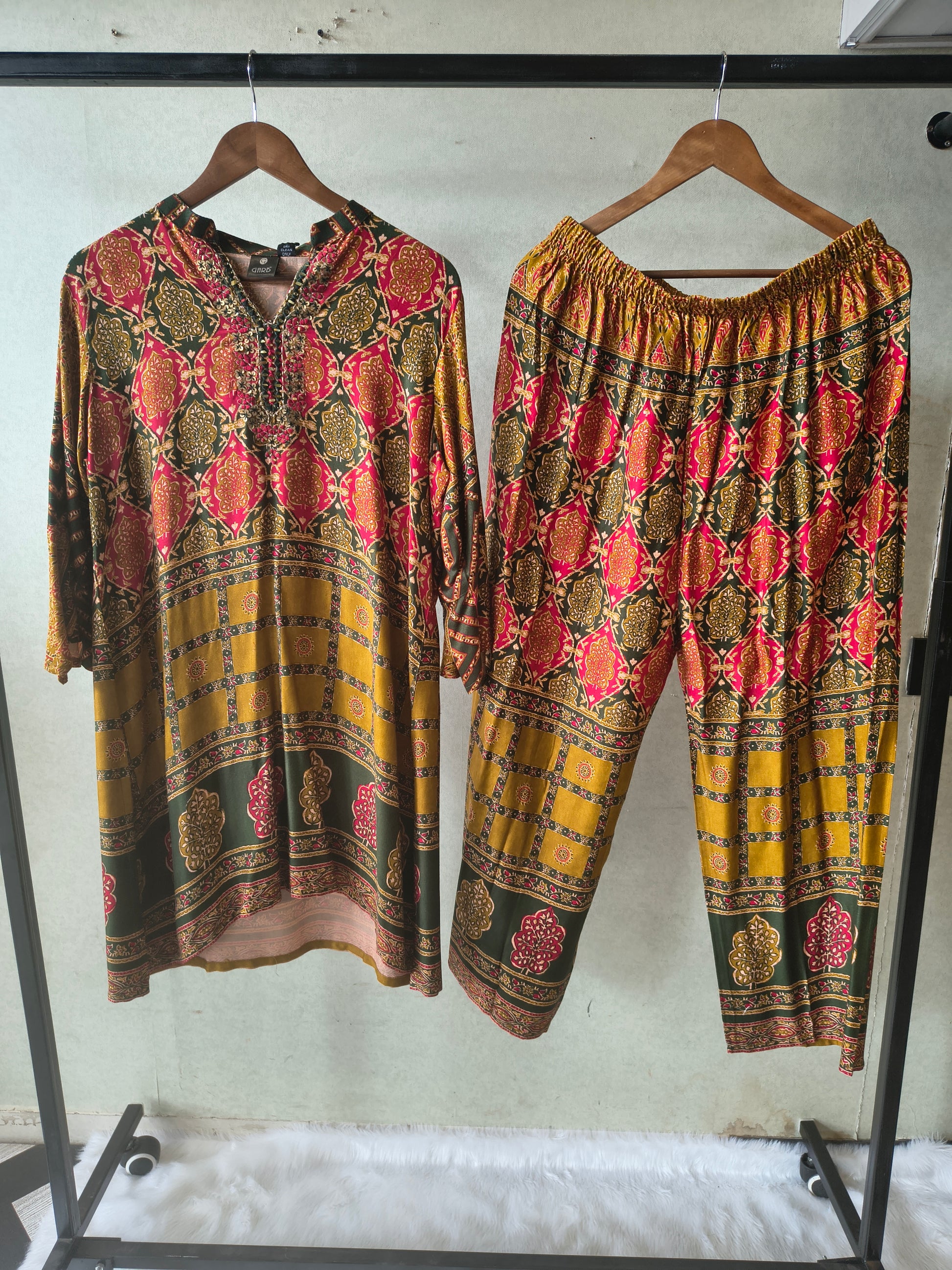 Premium Olive Green & Mustard Heritage Print Co-Ord Kurta Set with Straight Pants