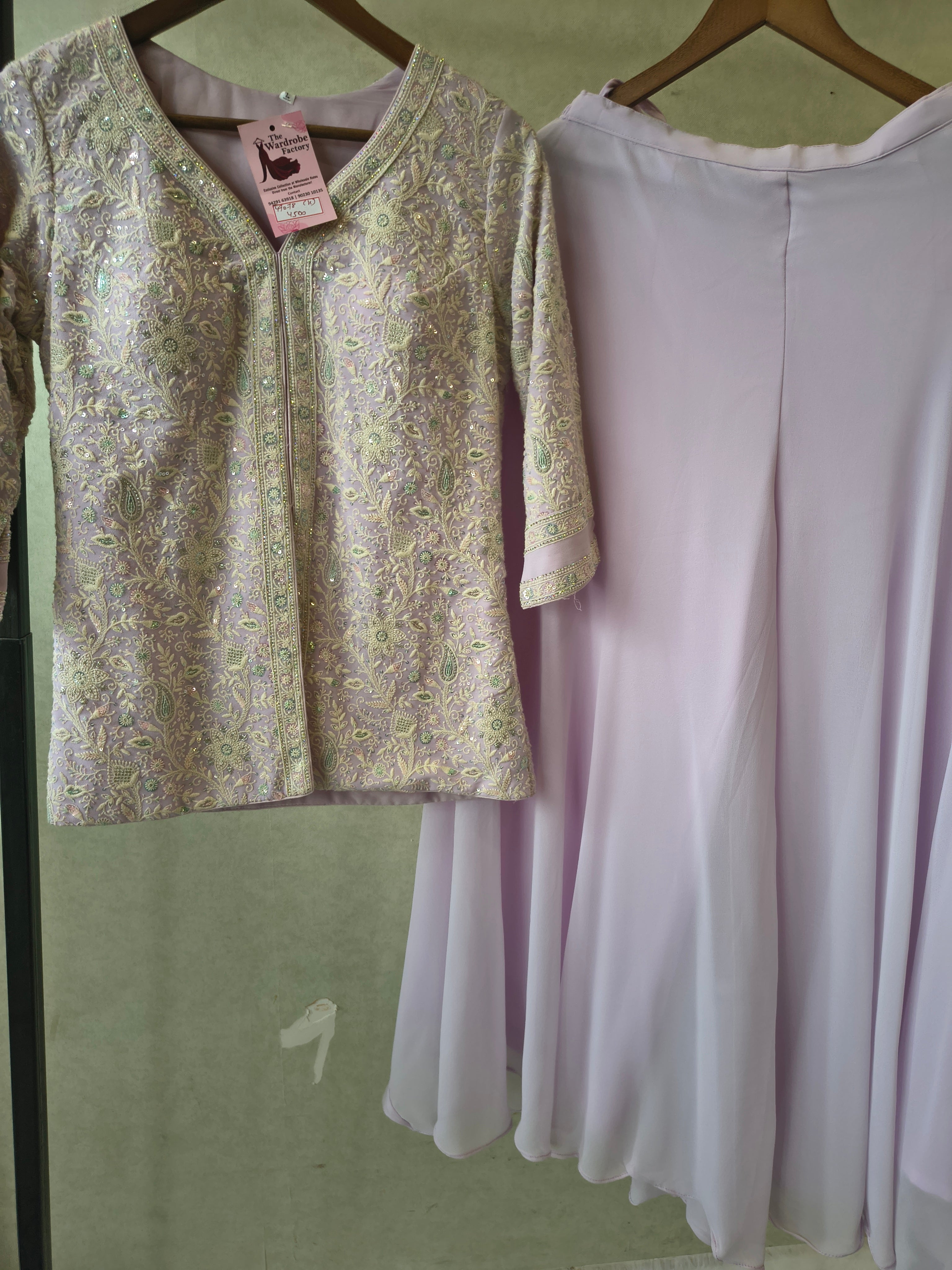 Image of Pastel Lilac Designer Embroidered Peplum Sharara Set with Chiffon Dupatta | Premium 3 Piece Festive Ensemble