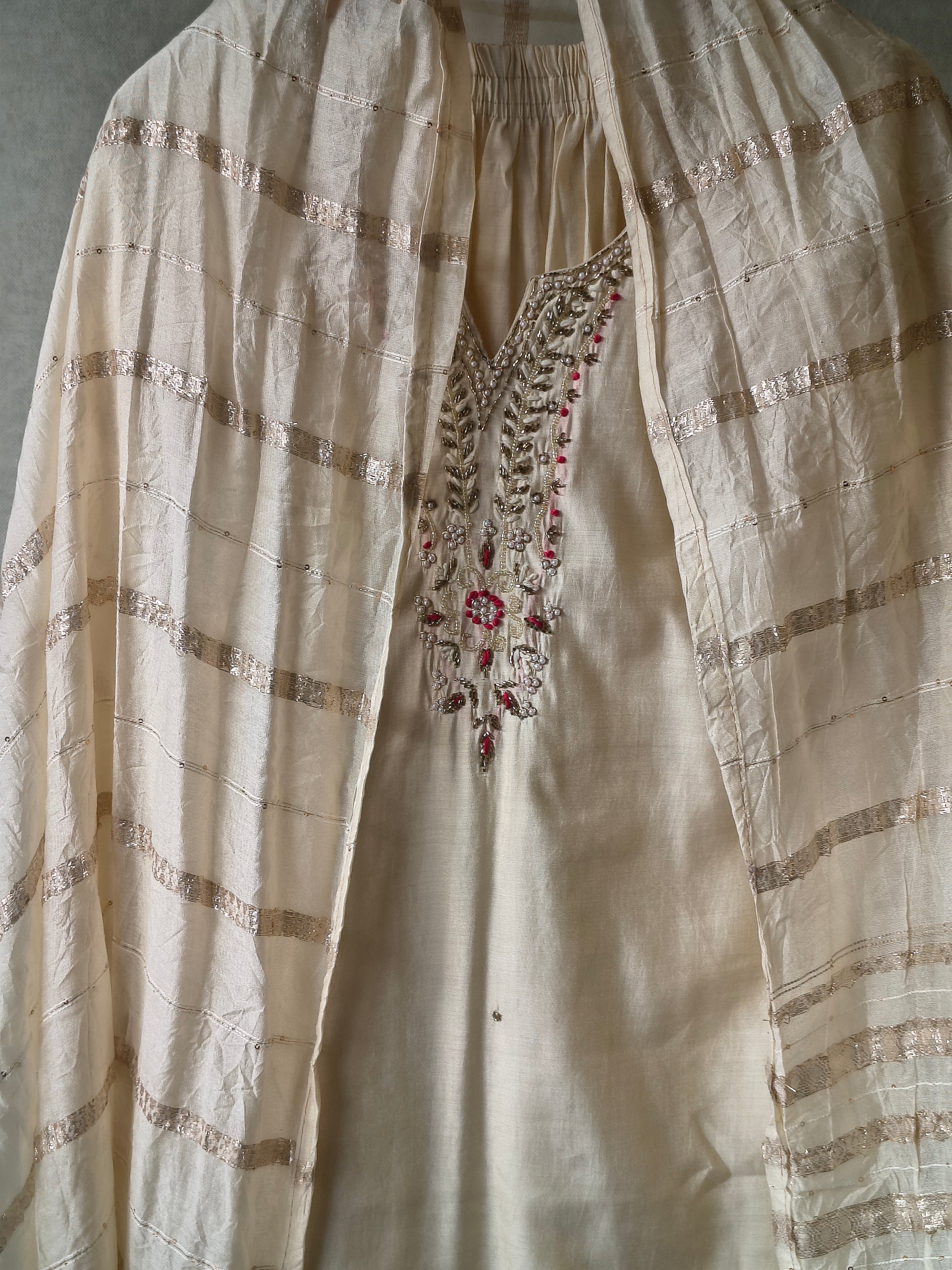Premium Ivory Hand-Embroidered Straight Kurta with Cotton Pants & Woven Dupatta Set