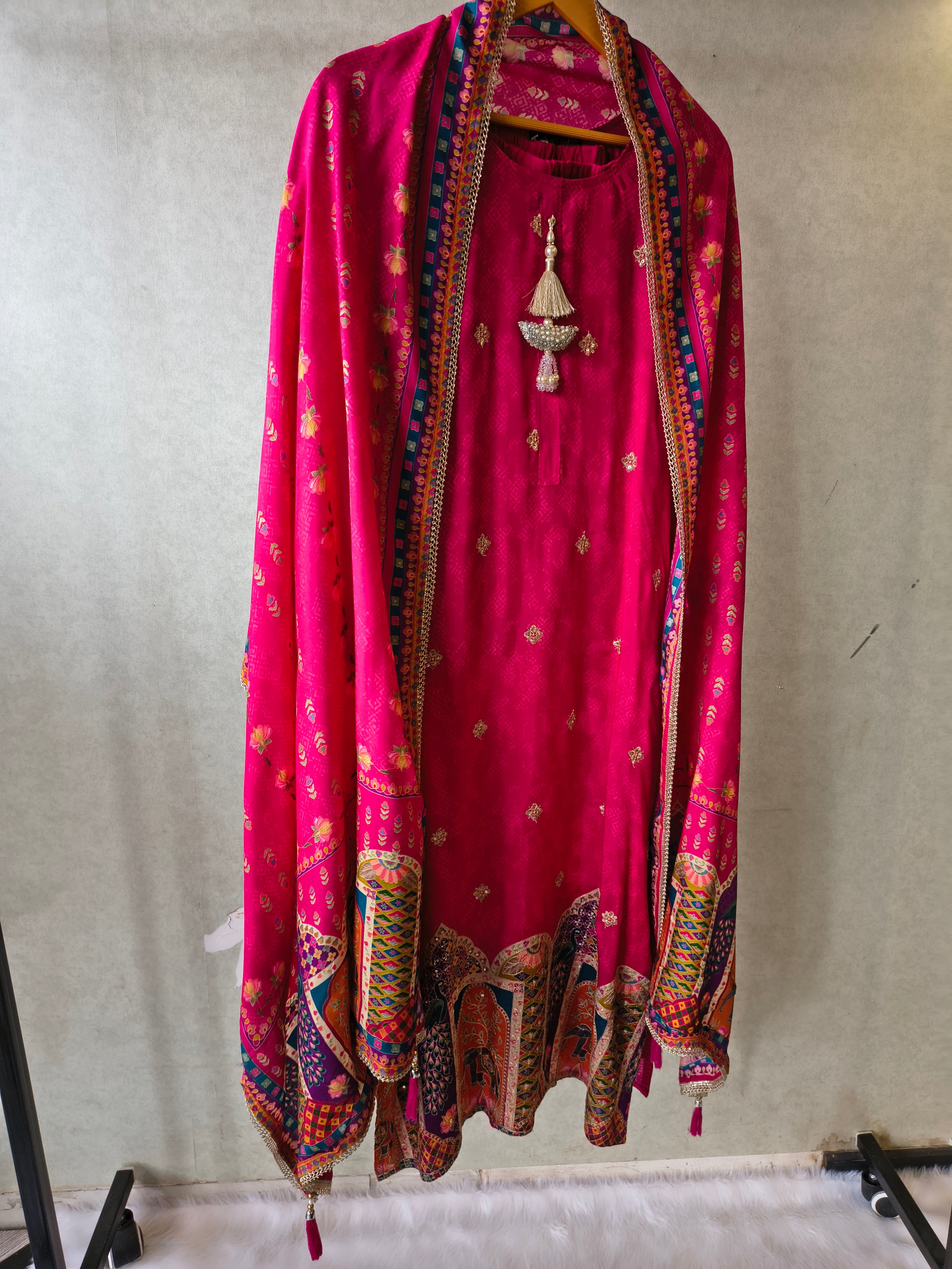 Image of Premium Rani Pink Printed Straight Kurta with Cigarette Pants & Dupatta Set