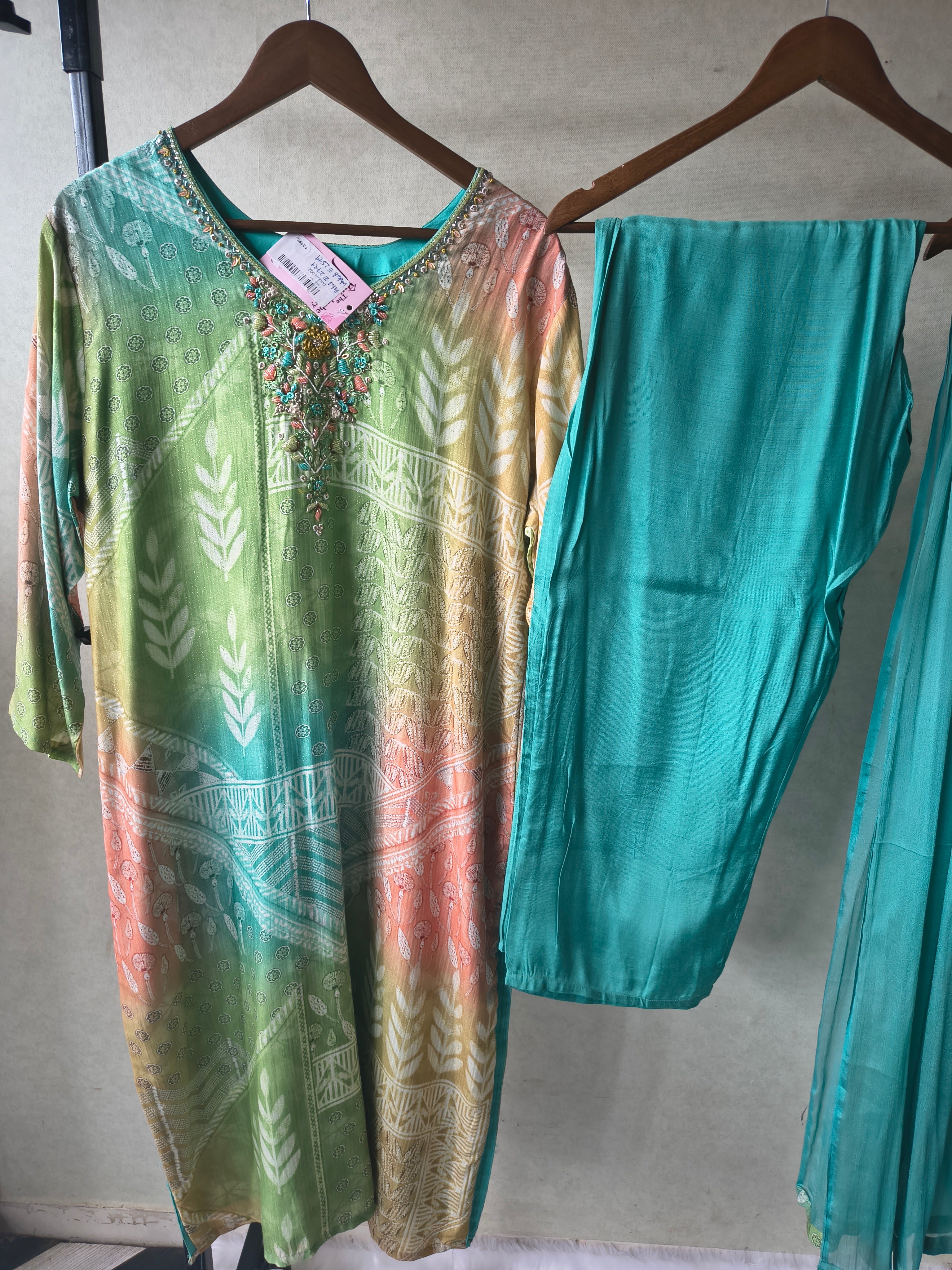 Image of Premium Aqua Ombre Printed Kurta Set with Hand-Embellished Neckline, Solid Pants & Chiffon Dupatta