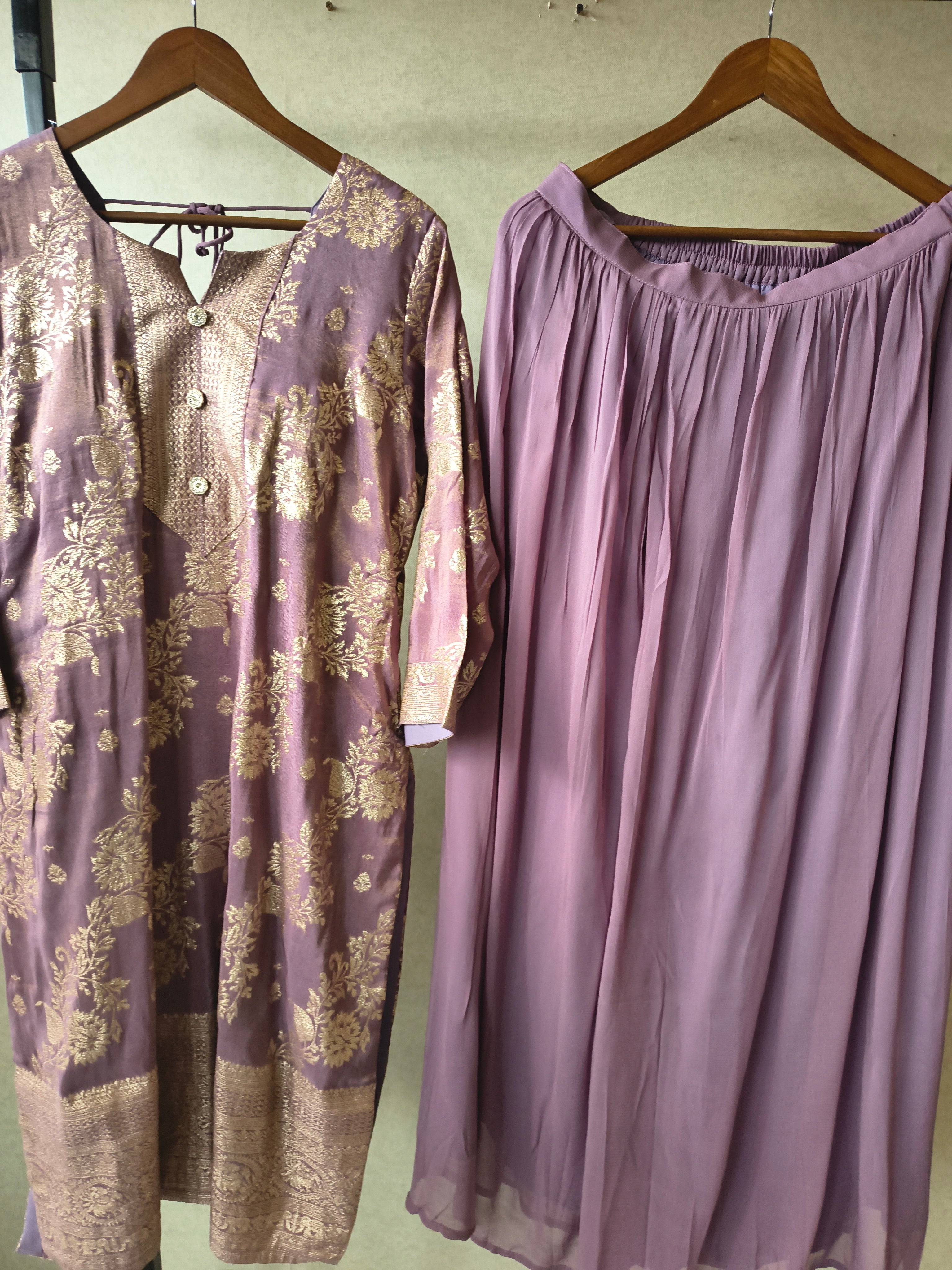 Image of Premium Lavender Jacquard Straight Kurta with Georgette Sharara & Dupatta Set