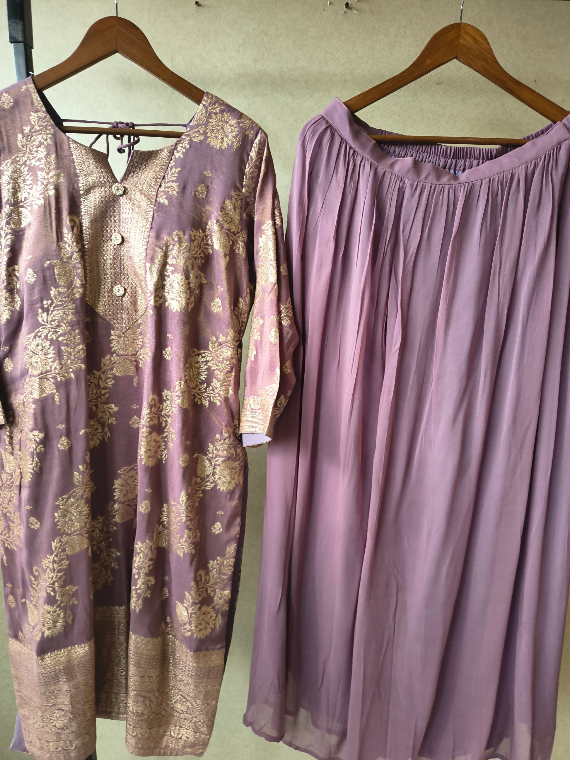Premium Lavender Jacquard Straight Kurta with Georgette Sharara & Dupatta Set