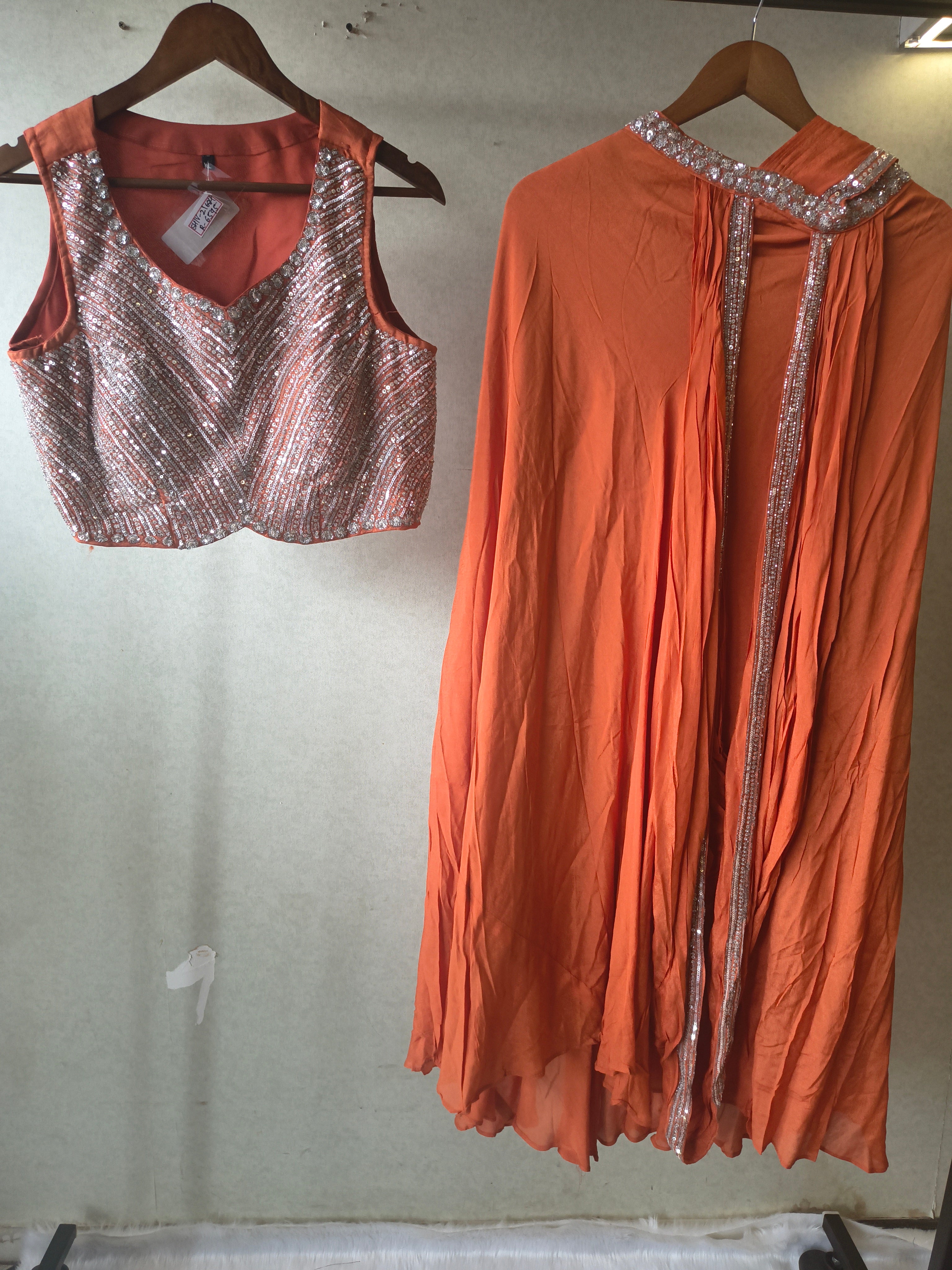 Image of Burnt Orange Embellished Designer Blouse with Drape Palazzo & Cape – 3 Piece Indo-Western Party Wear Set