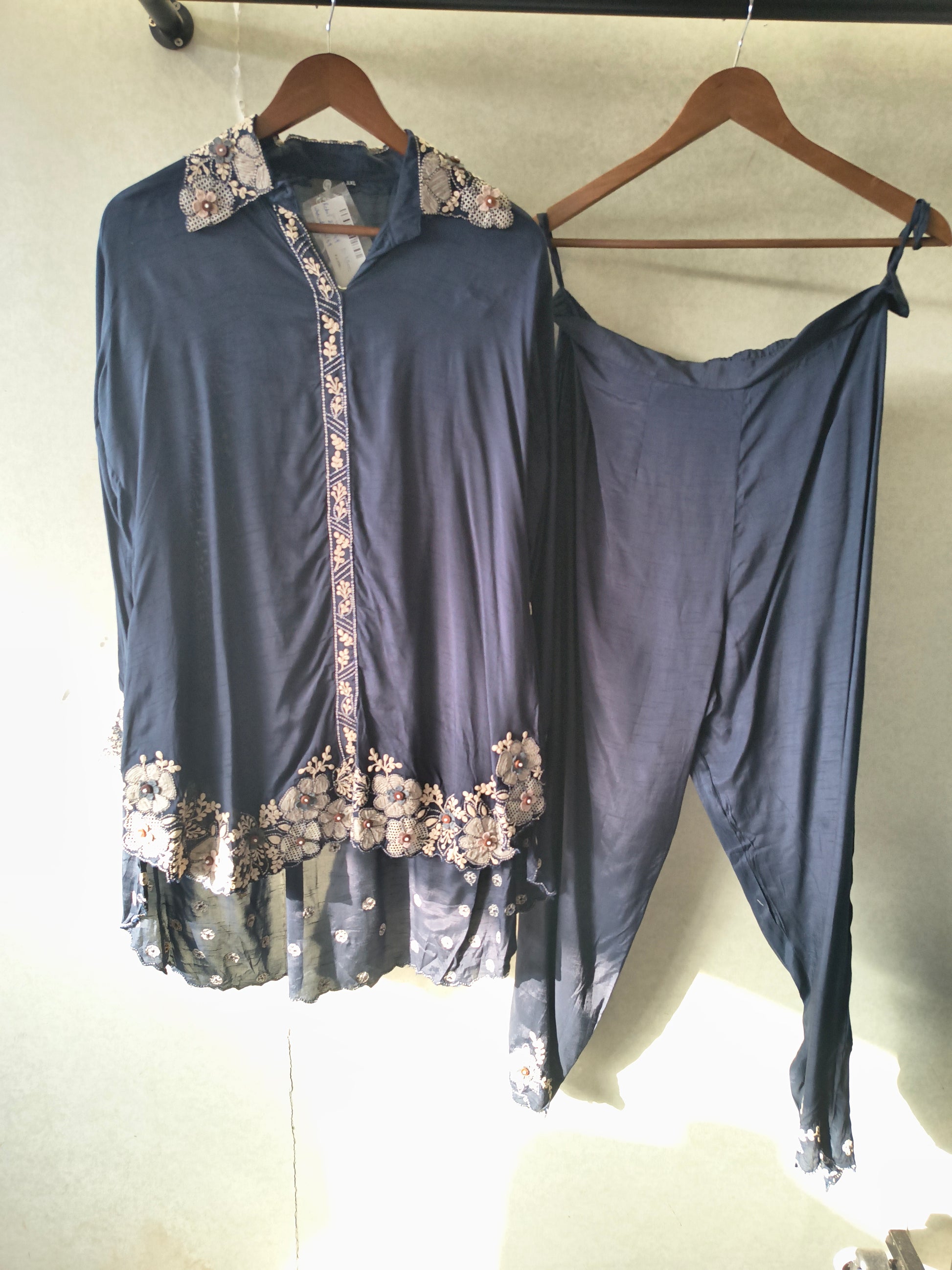 Blue Embroidered Designer Co-Ord Set with Organza Hem