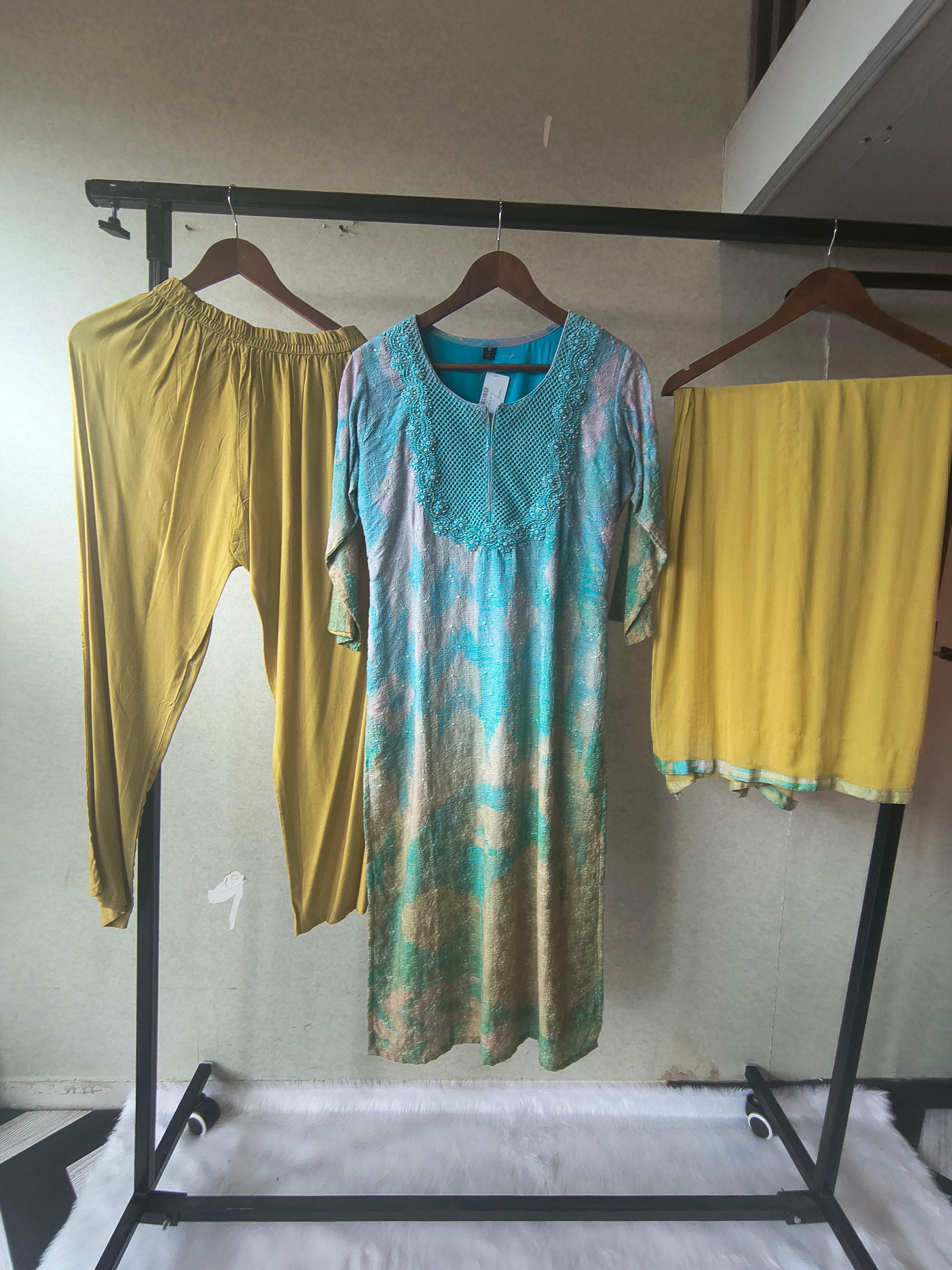 Image of Premium Aqua Blue Digital Printed Kurta Set with Embroidered Yoke & Solid Mustard Palazzo with Dupatta