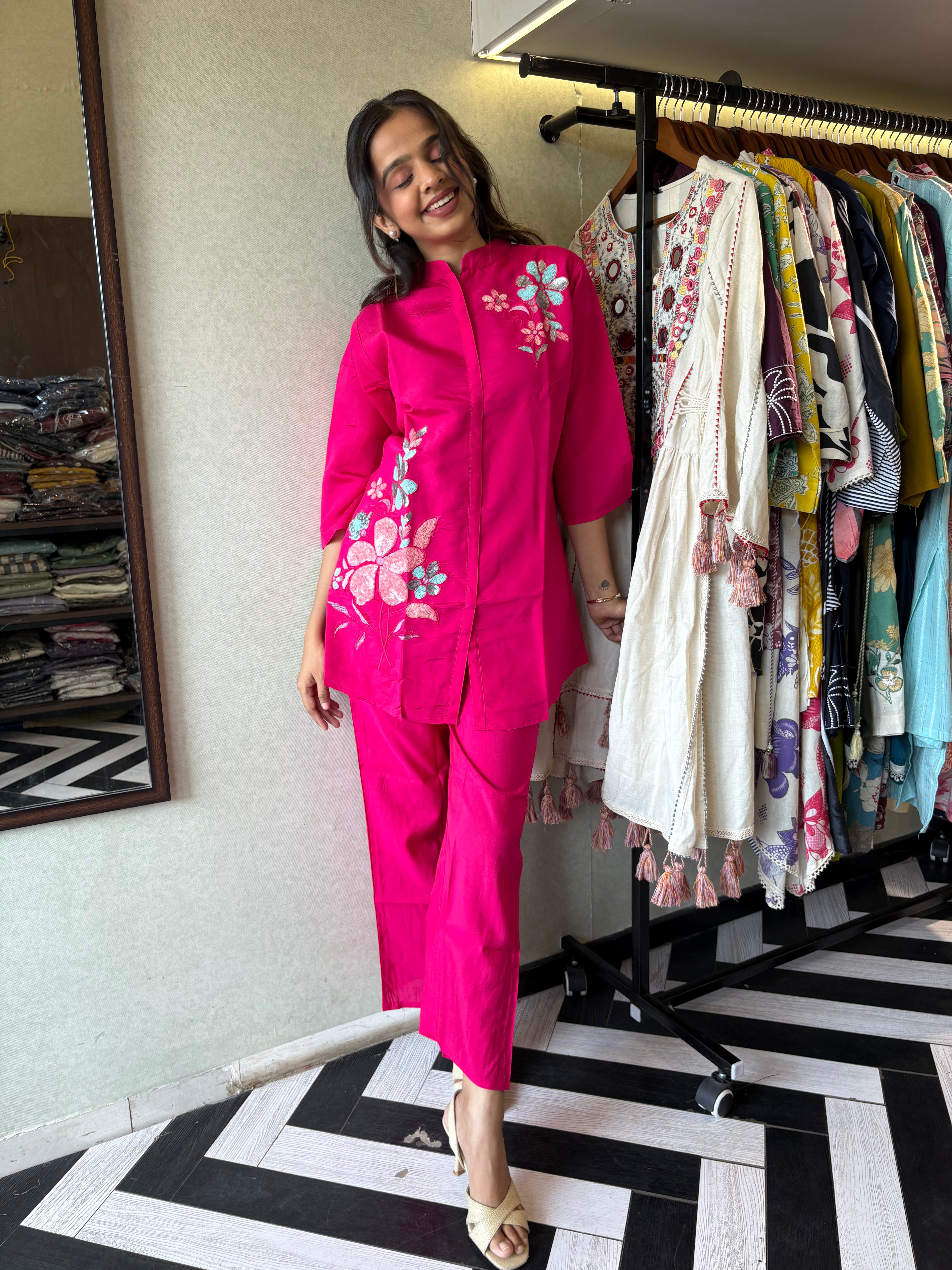 Image of Real Mirror Work. Real Cotton. 
our pure cotton long coord set with original mirror hand work - a classy steal for every wardrobe!