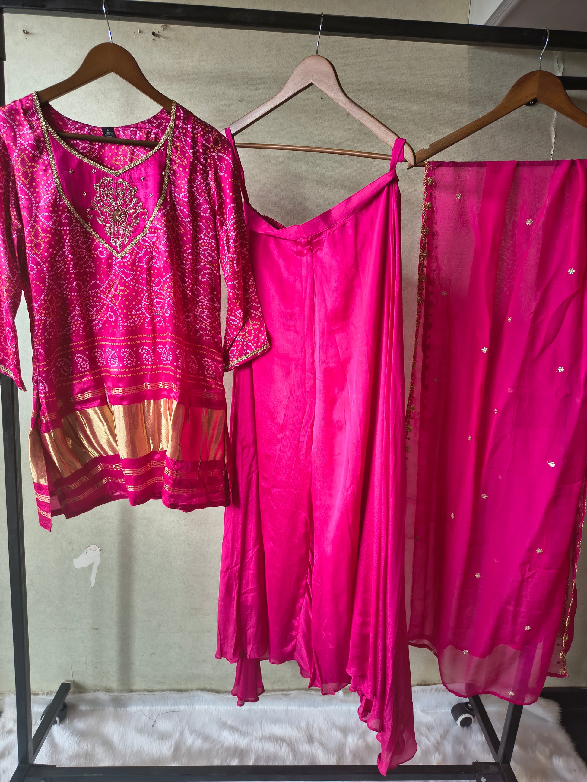 Rani Pink Bandhani Sharara Set with Zari Border & Embroidered Dupatta – Premium 3 Piece Festive Ensemble