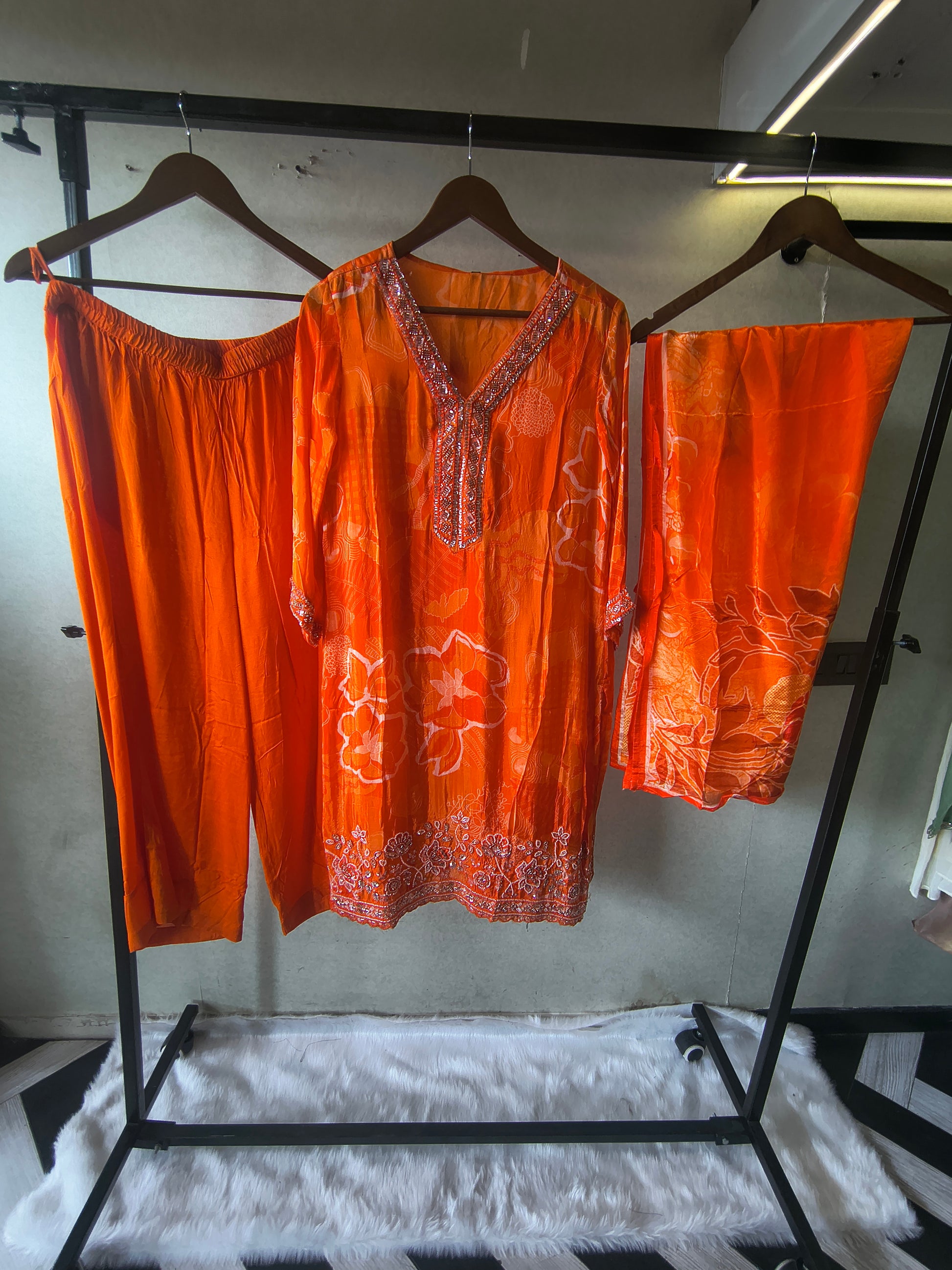 Burnt Orange Printed Silk Blend Kurta Set with Embellished Neckline & Floral Border – Premium 3 Piece Ethnic Ensemble