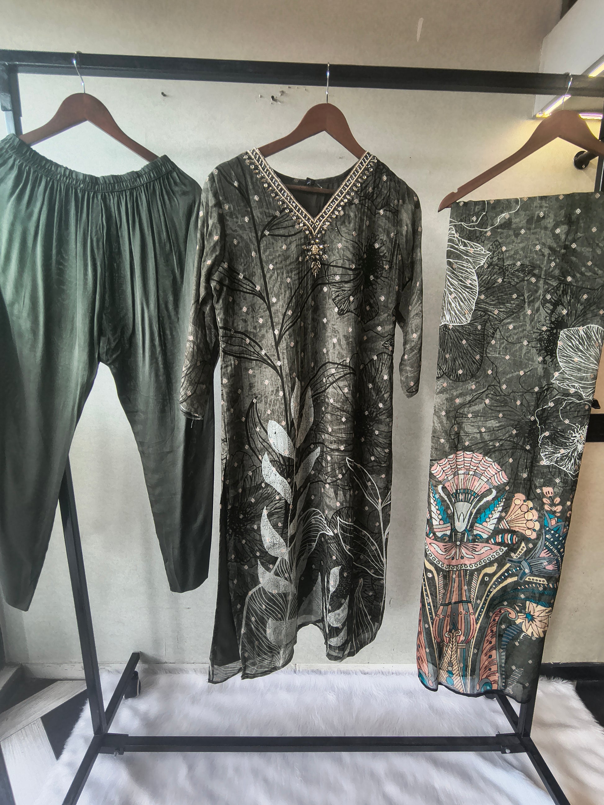 Premium Olive Botanical Print Straight Kurta with Cigarette Pants & Dupatta Set
