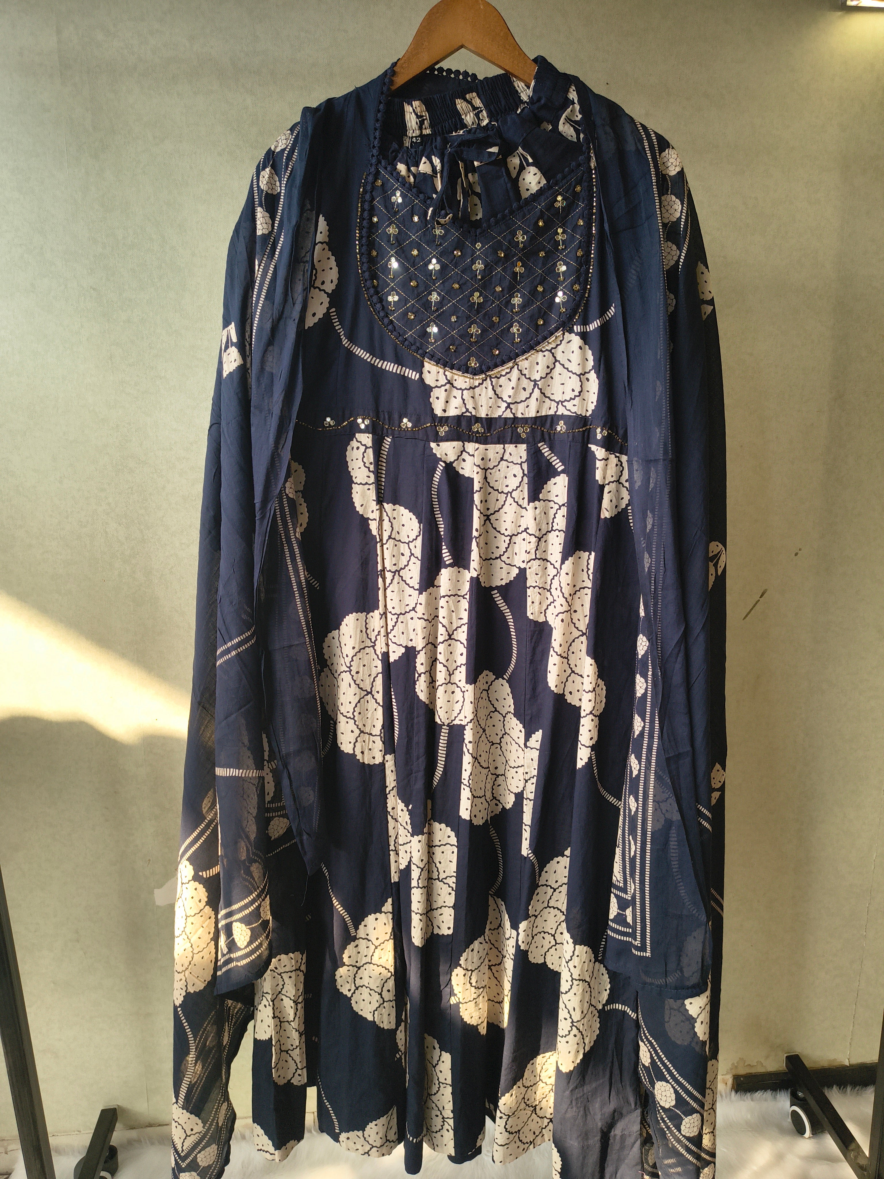 Image of Premium Navy Blue Handblock Printed Cotton Anarkali Suit Set with Printed Pants & Dupatta