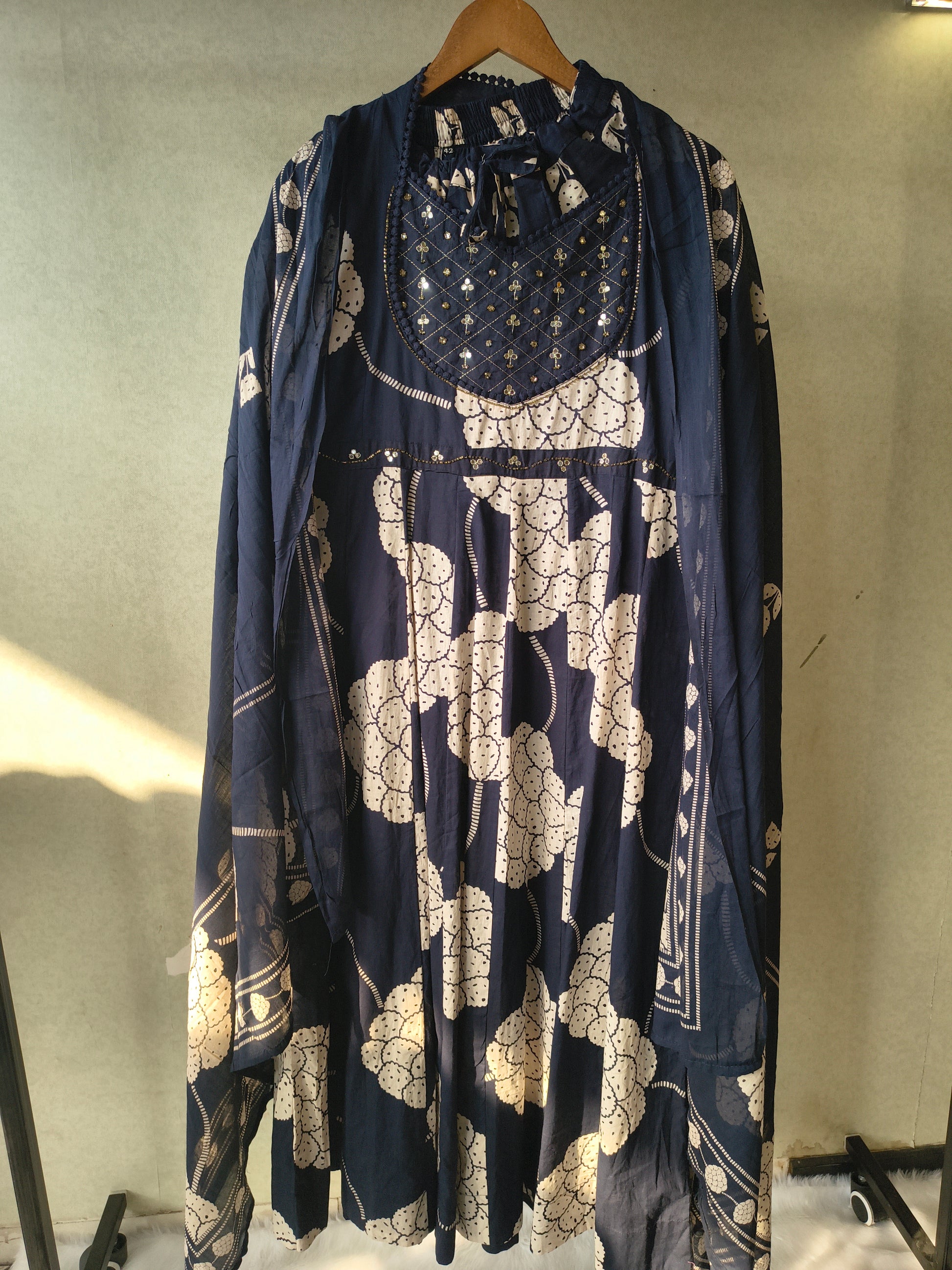 Premium Navy Blue Handblock Printed Cotton Anarkali Suit Set with Printed Pants & Dupatta
