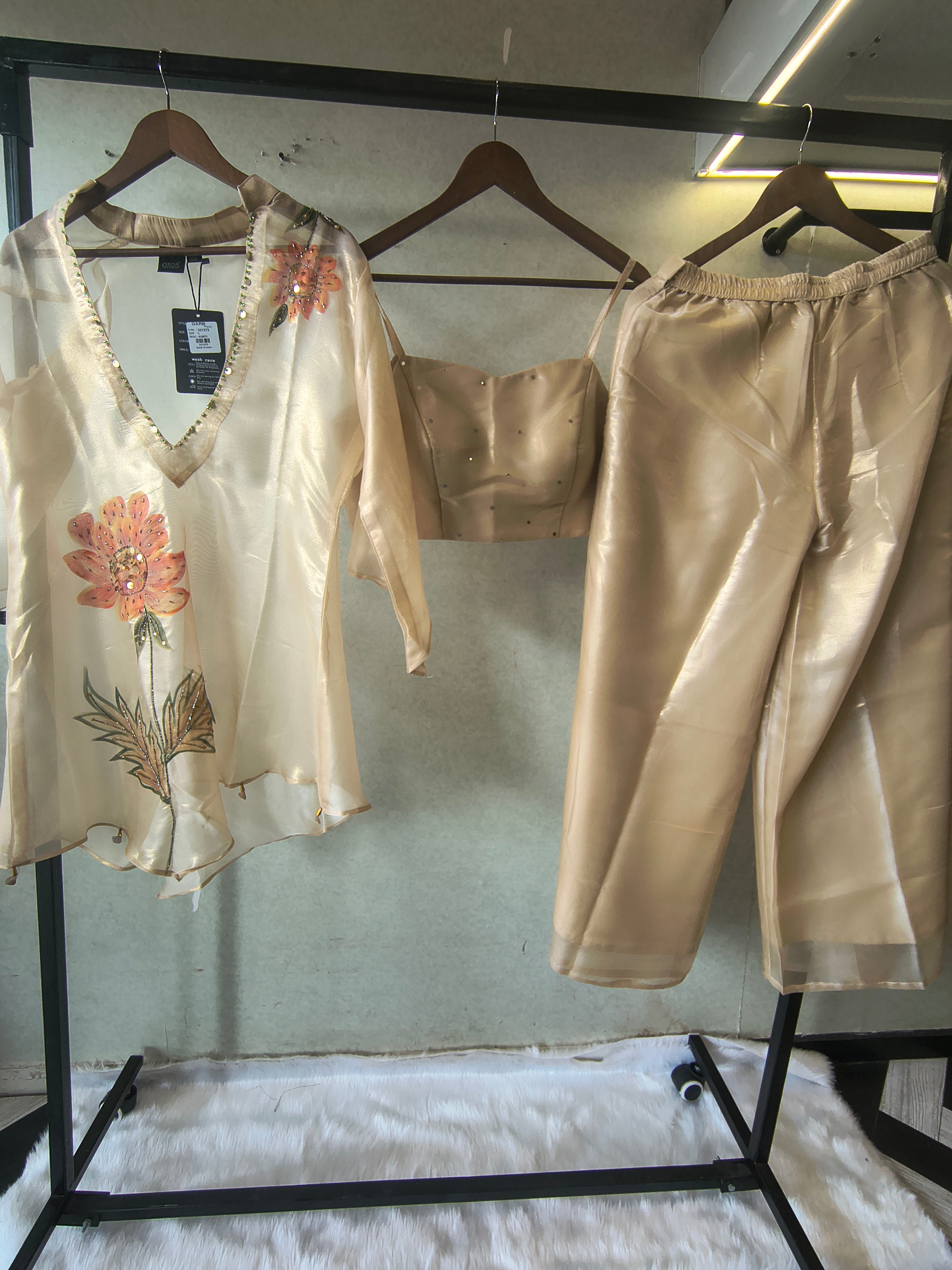 Image of Champagne Gold Floral Hand-Painted Kaftan Co-ord Set with Embellished Blouse & Satin Palazzo