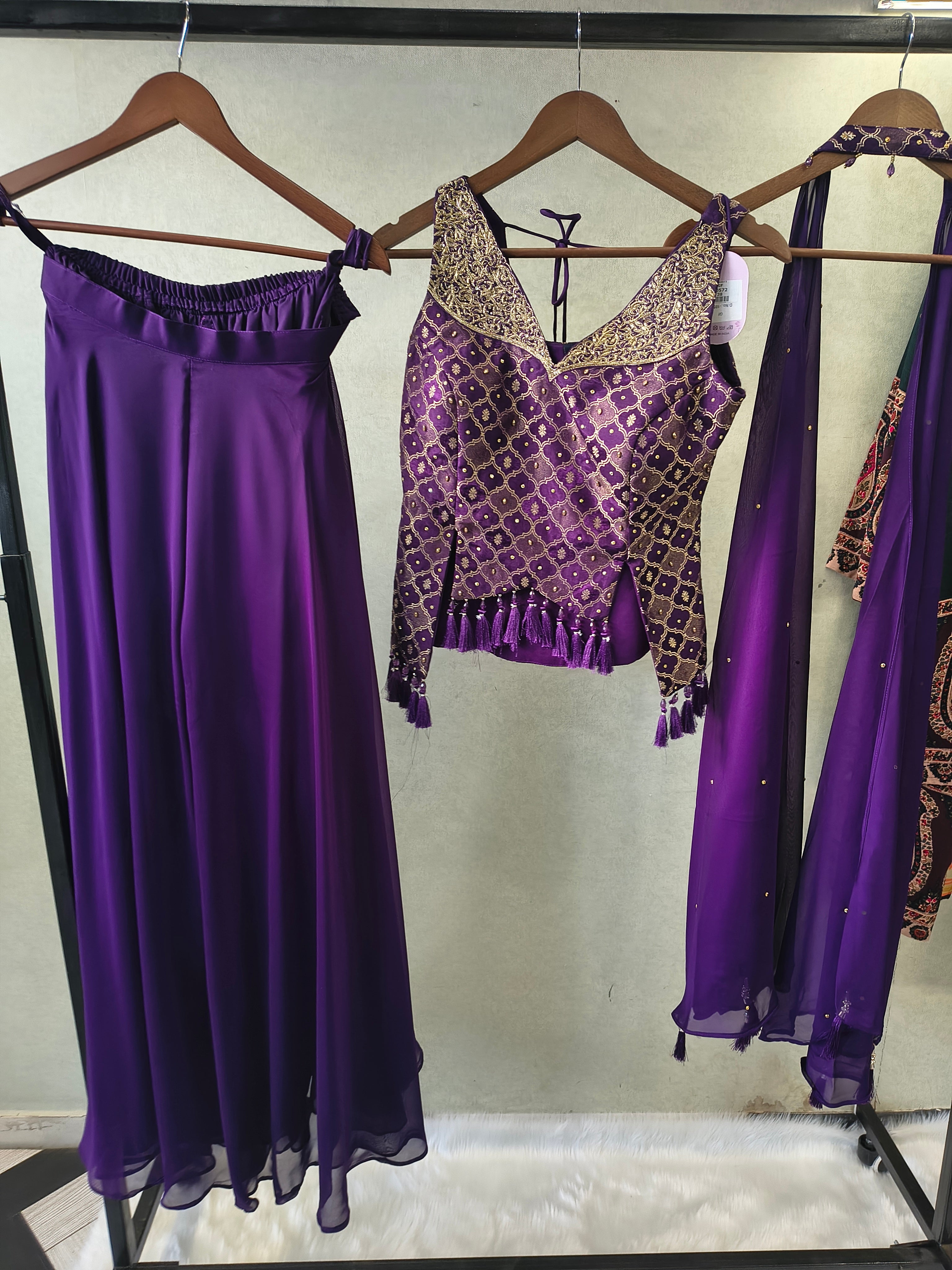 Image of Royal Purple Brocade Blouse with Flared Palazzo & Embellished Choker Dupatta – 3 Piece Designer Indo-Western Set
