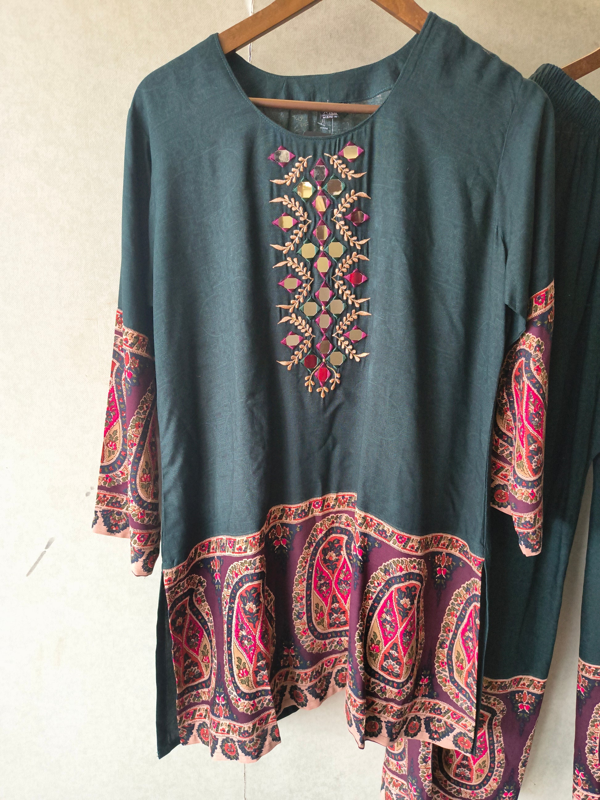 Premium Teal Mirror Work Printed Kurta Pant Co-Ord Set