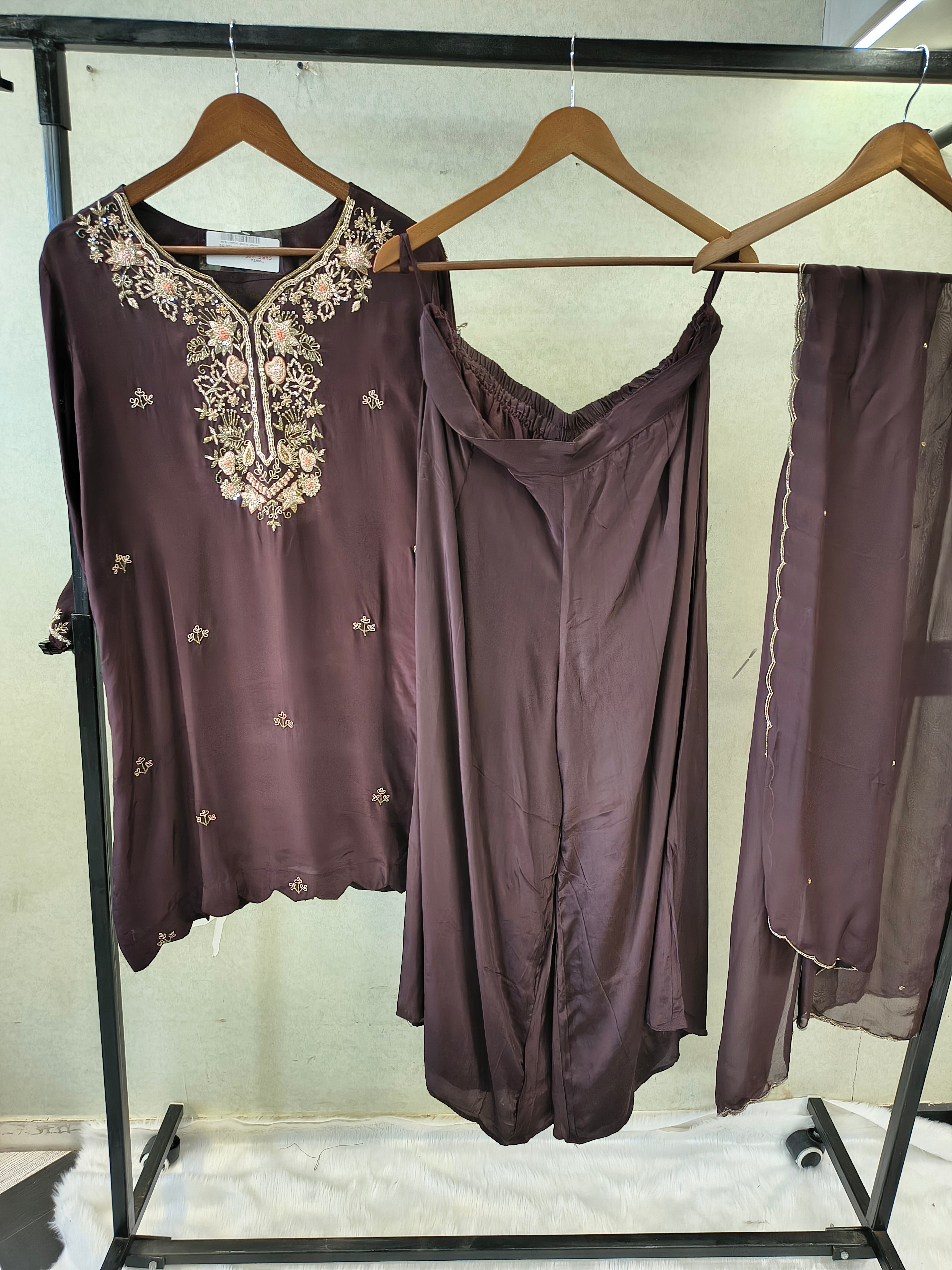 Image of Chocolate Brown Embroidered Straight Kurta Set with Wide Palazzo & Chiffon Dupatta | Premium 3 Piece Festive Ensemble