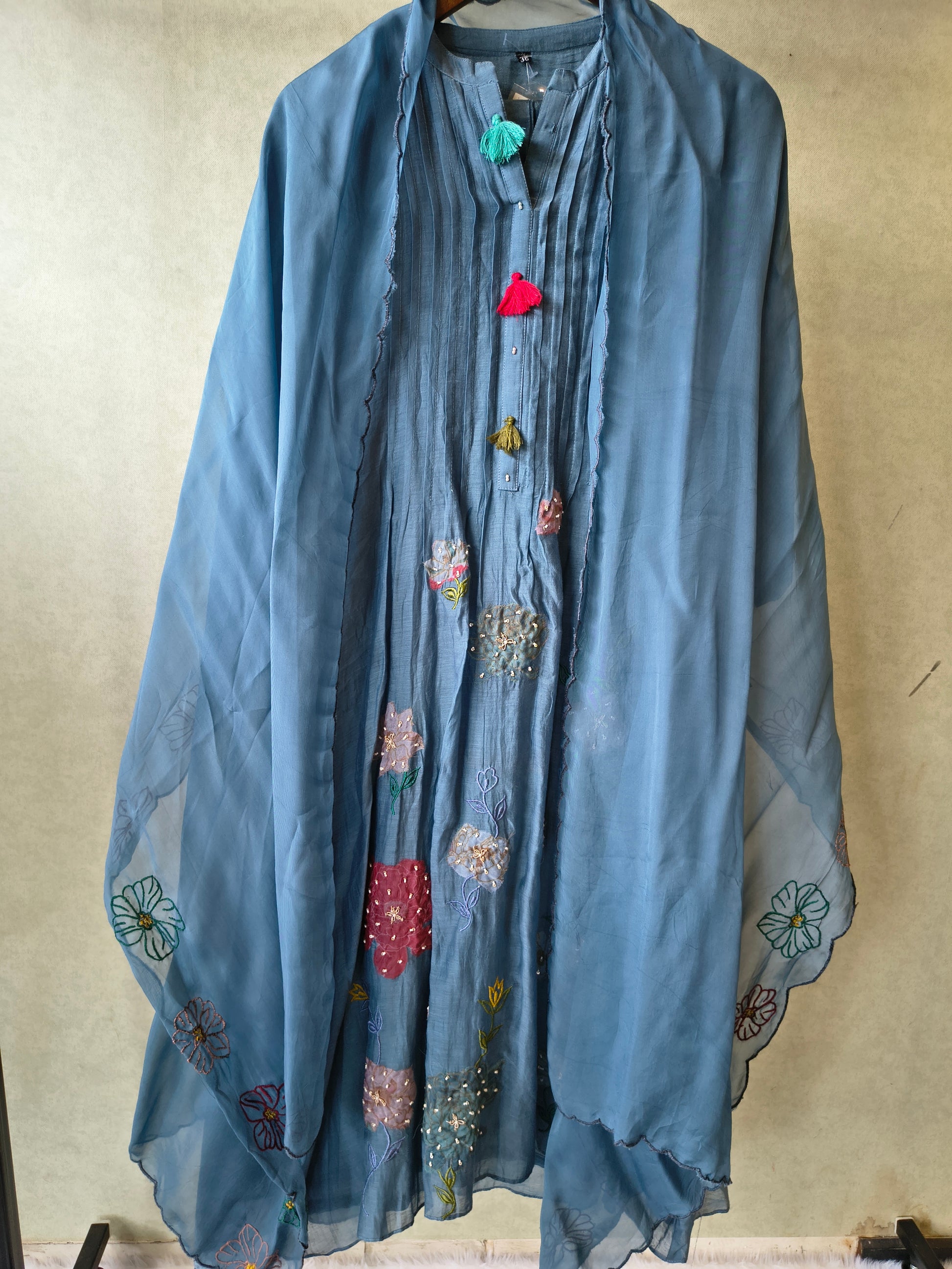 Premium Steel Blue Embroidered Straight Kurta with Dhoti Pants & Embroidered Organza Dupatta Set