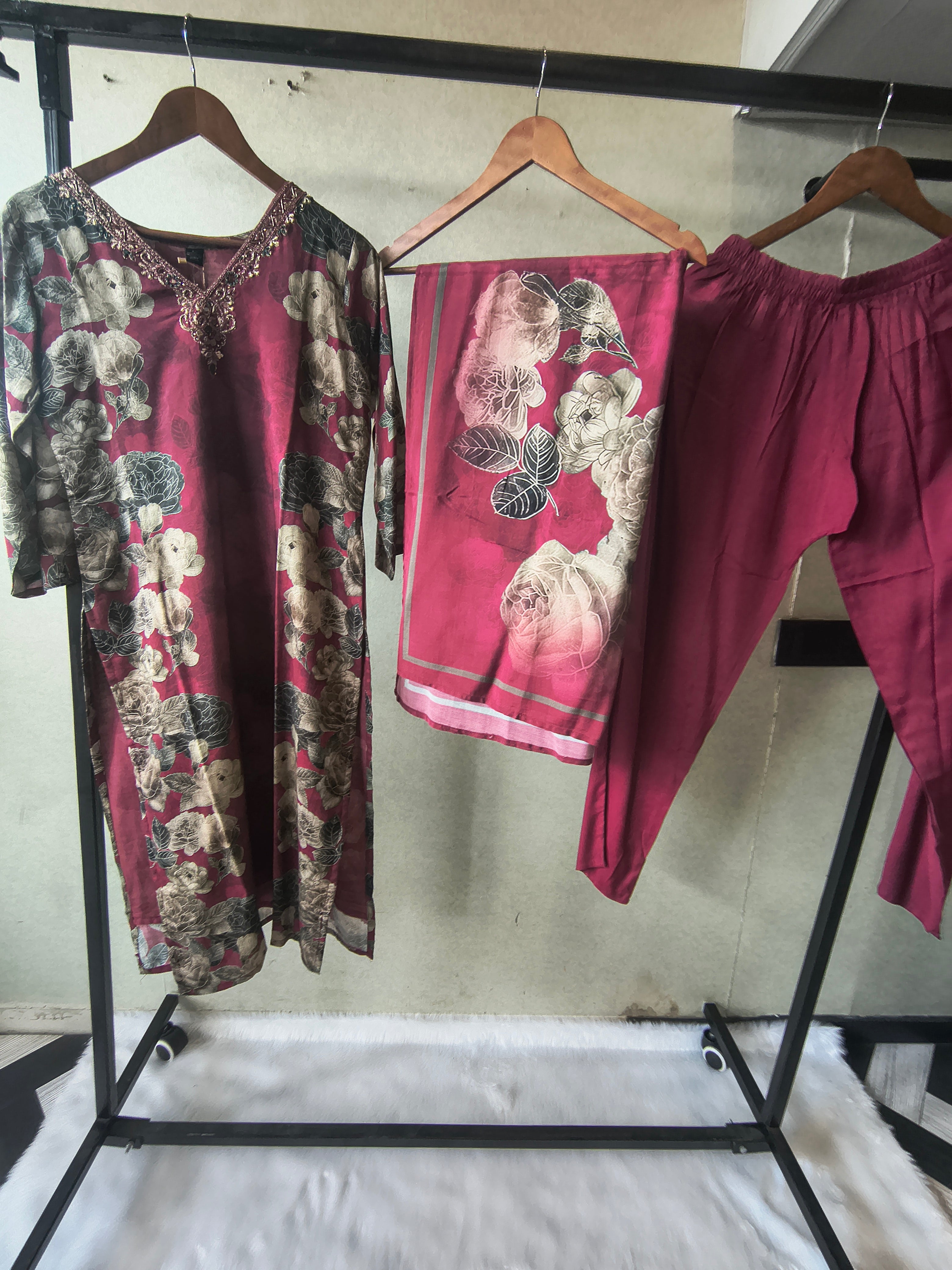 Image of Premium Wine Floral Printed Kurta Set with Solid Pants & Printed Dupatta
