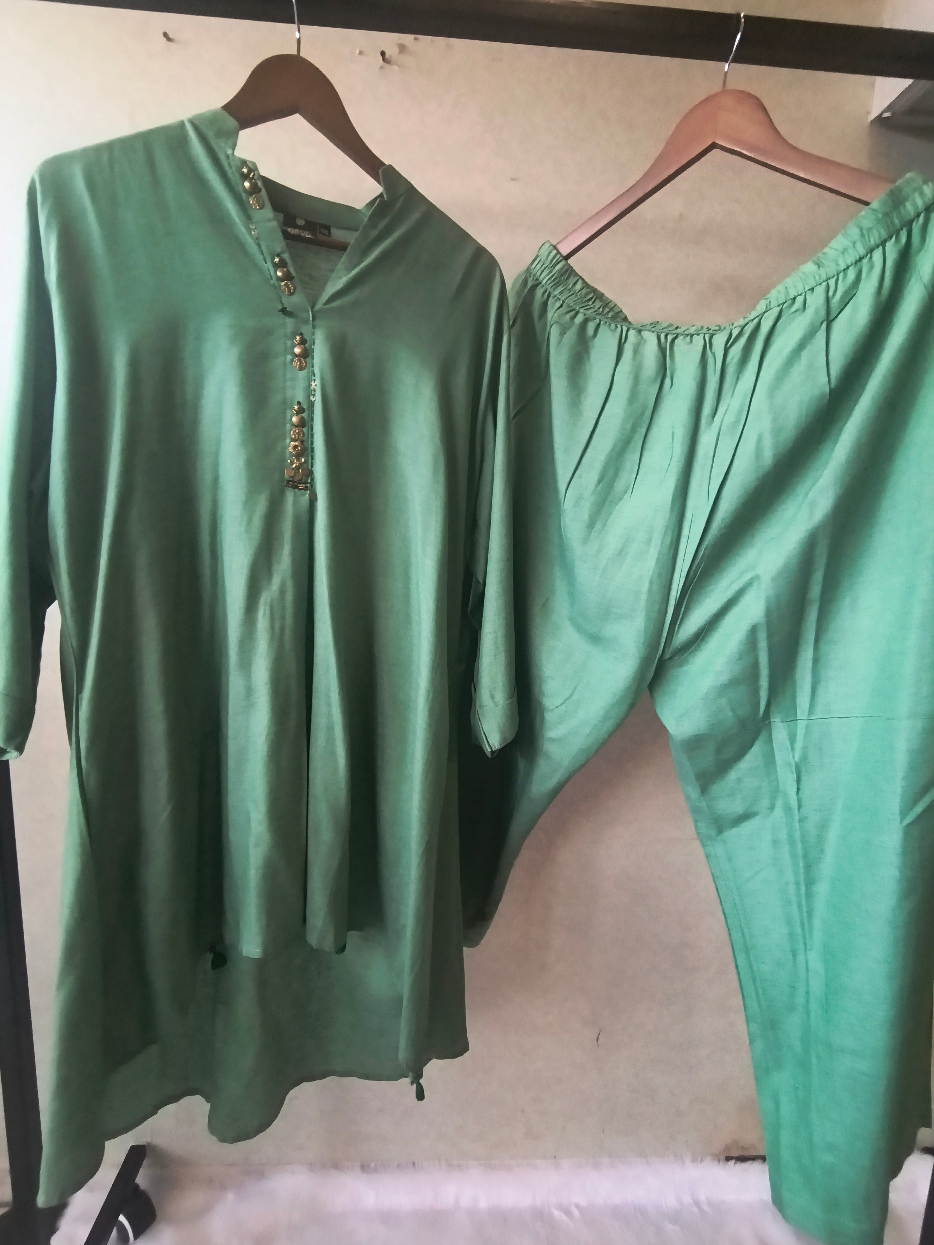 Image of Premium Sage Green Designer Co-Ord Kurta Set with Antique Button Detailing