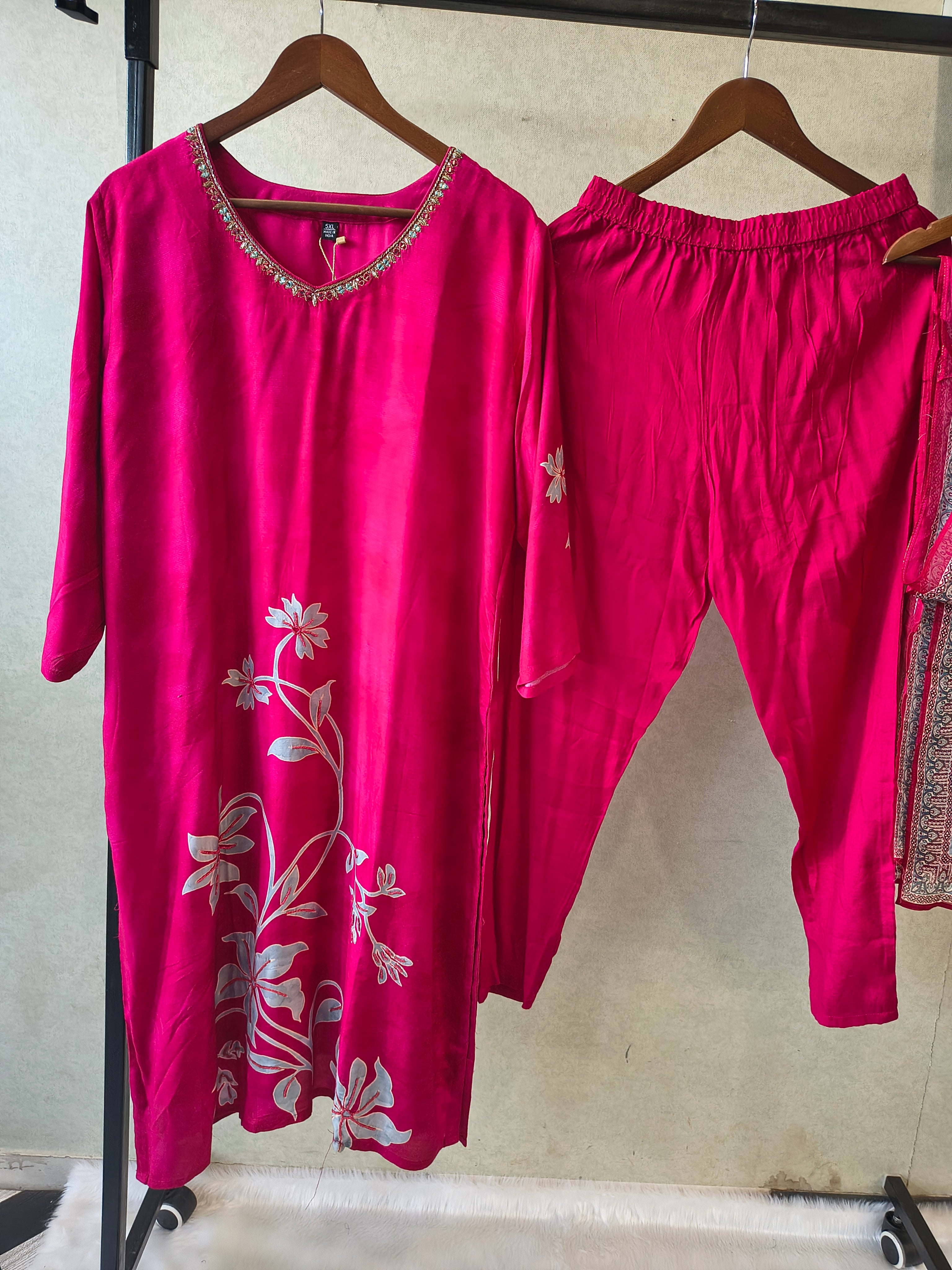 Image of Premium Fuchsia Floral Printed Kurta Set with Embellished Neckline & Contrast Dupatta