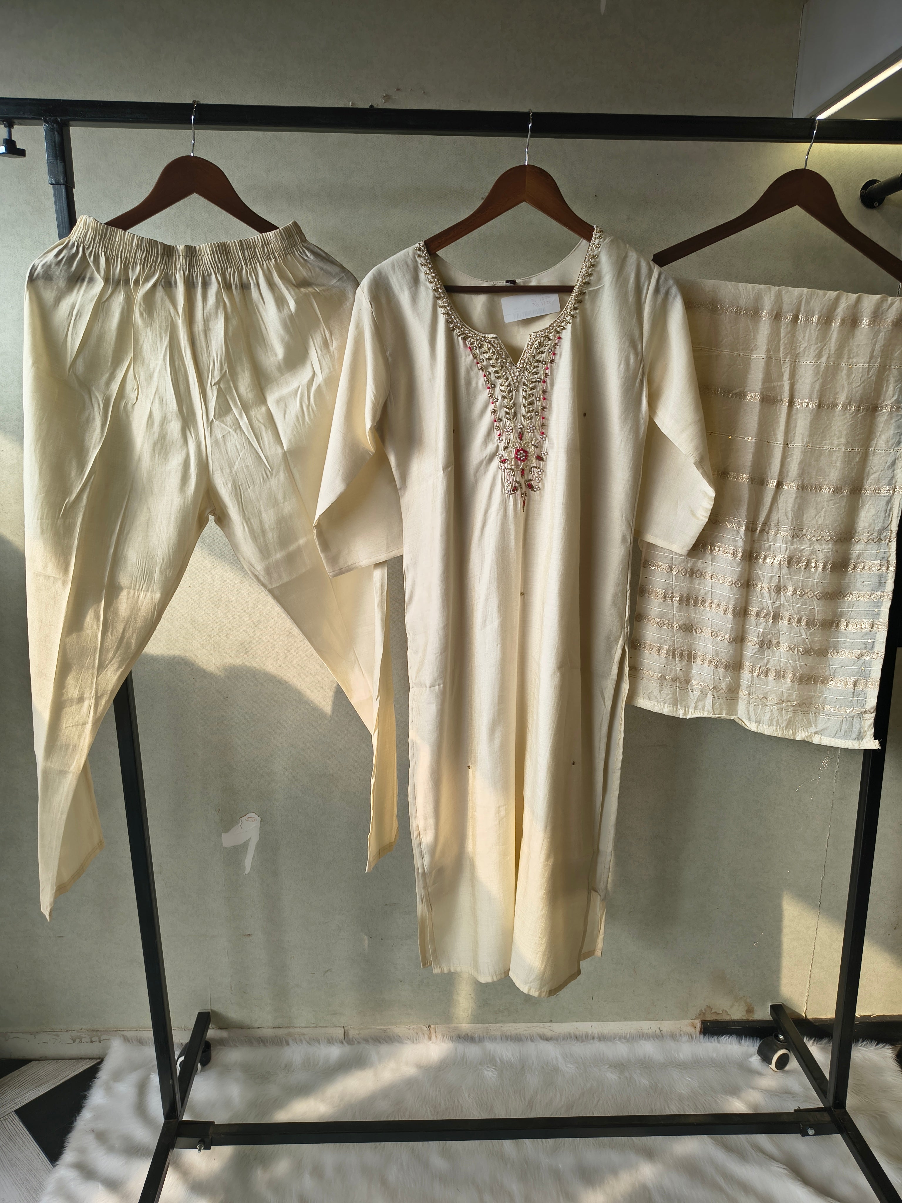 Image of Premium Ivory Hand-Embroidered Straight Kurta with Cotton Pants & Woven Dupatta Set