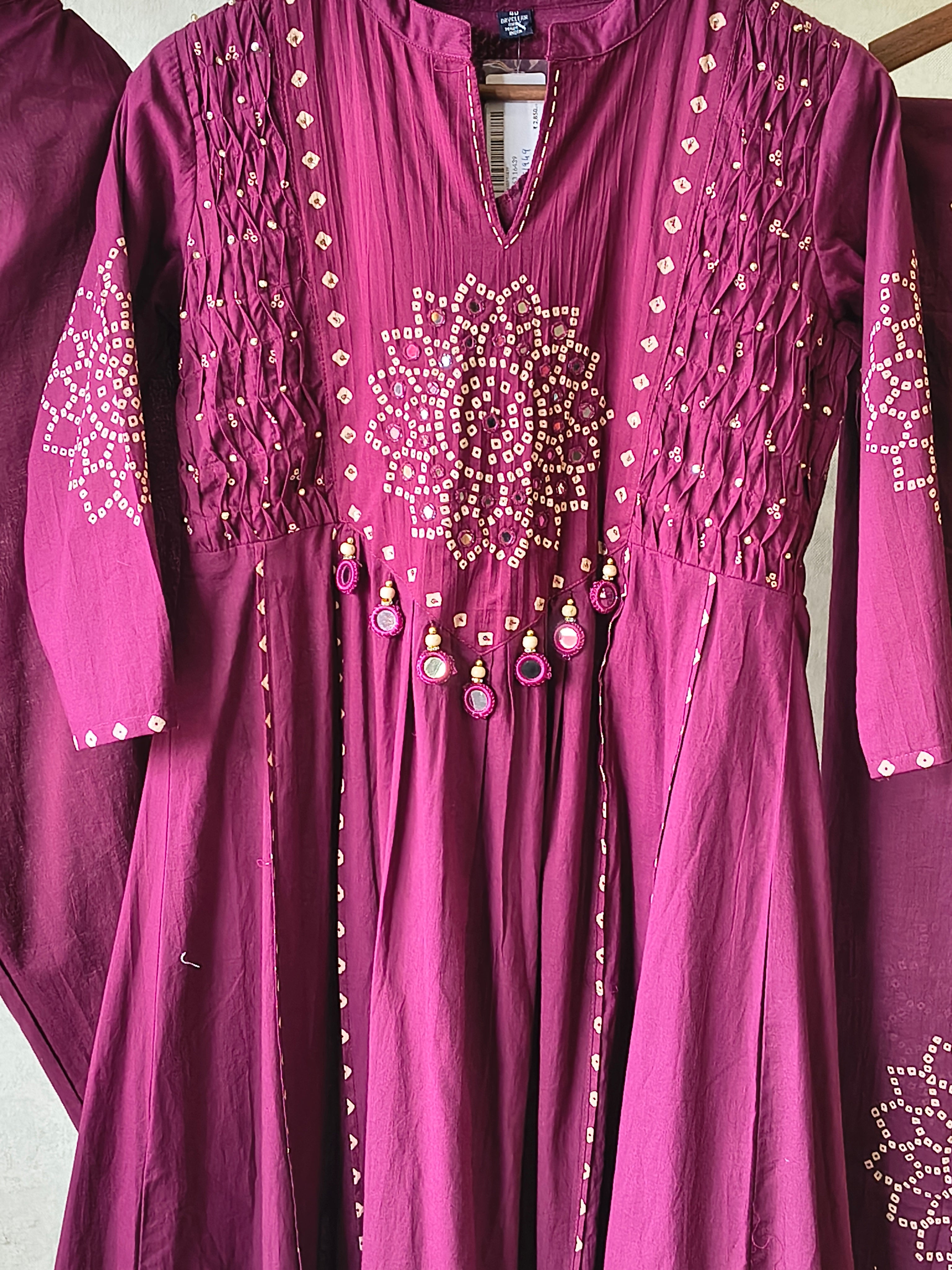 Image of Wine Cotton Anarkali Suit Set with Bandhani Print & Mirror Accent Dupatta