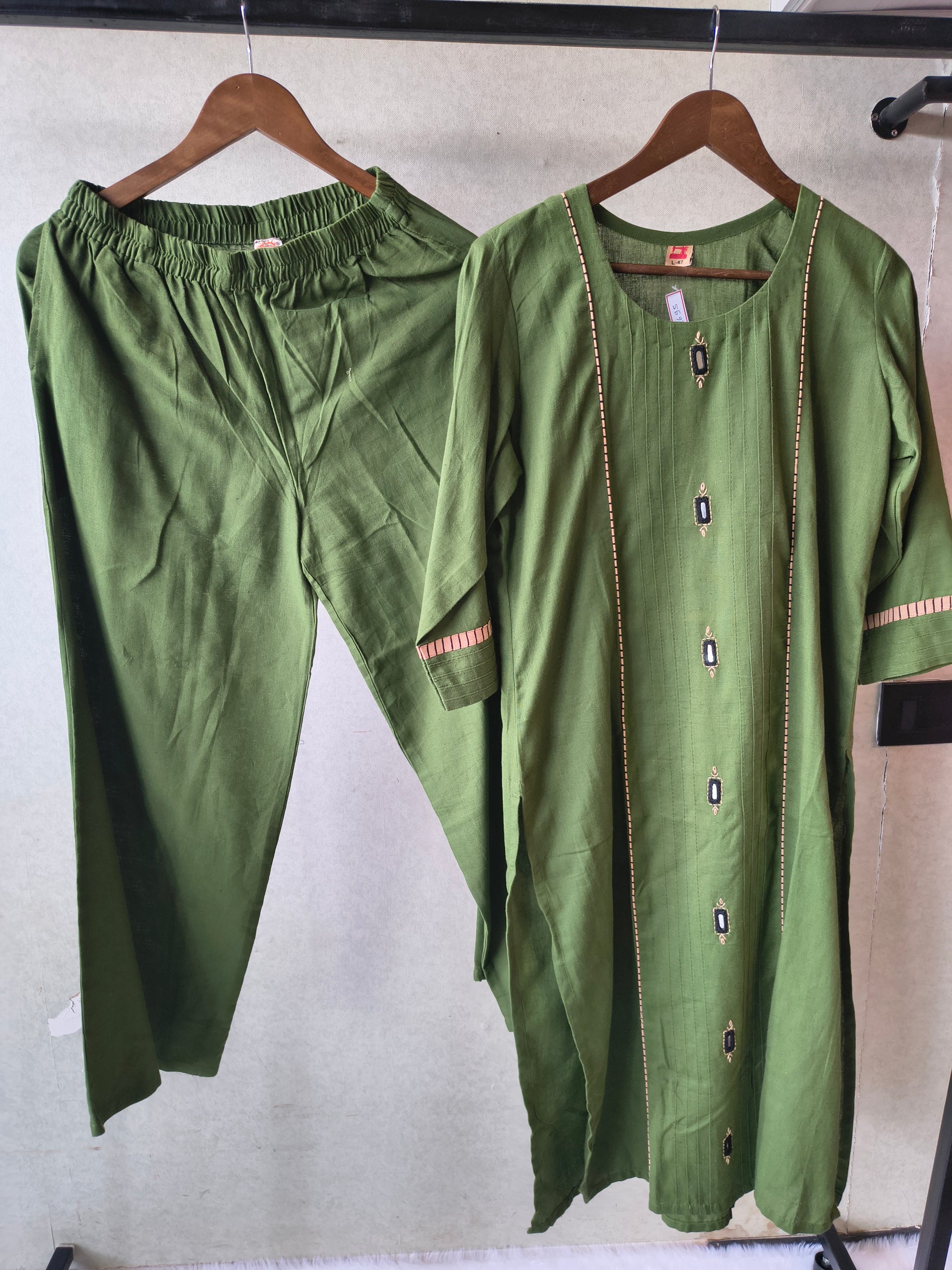 Tadko Premium Olive Green Straight Kurta Co-Ord Set with Embellished Yoke