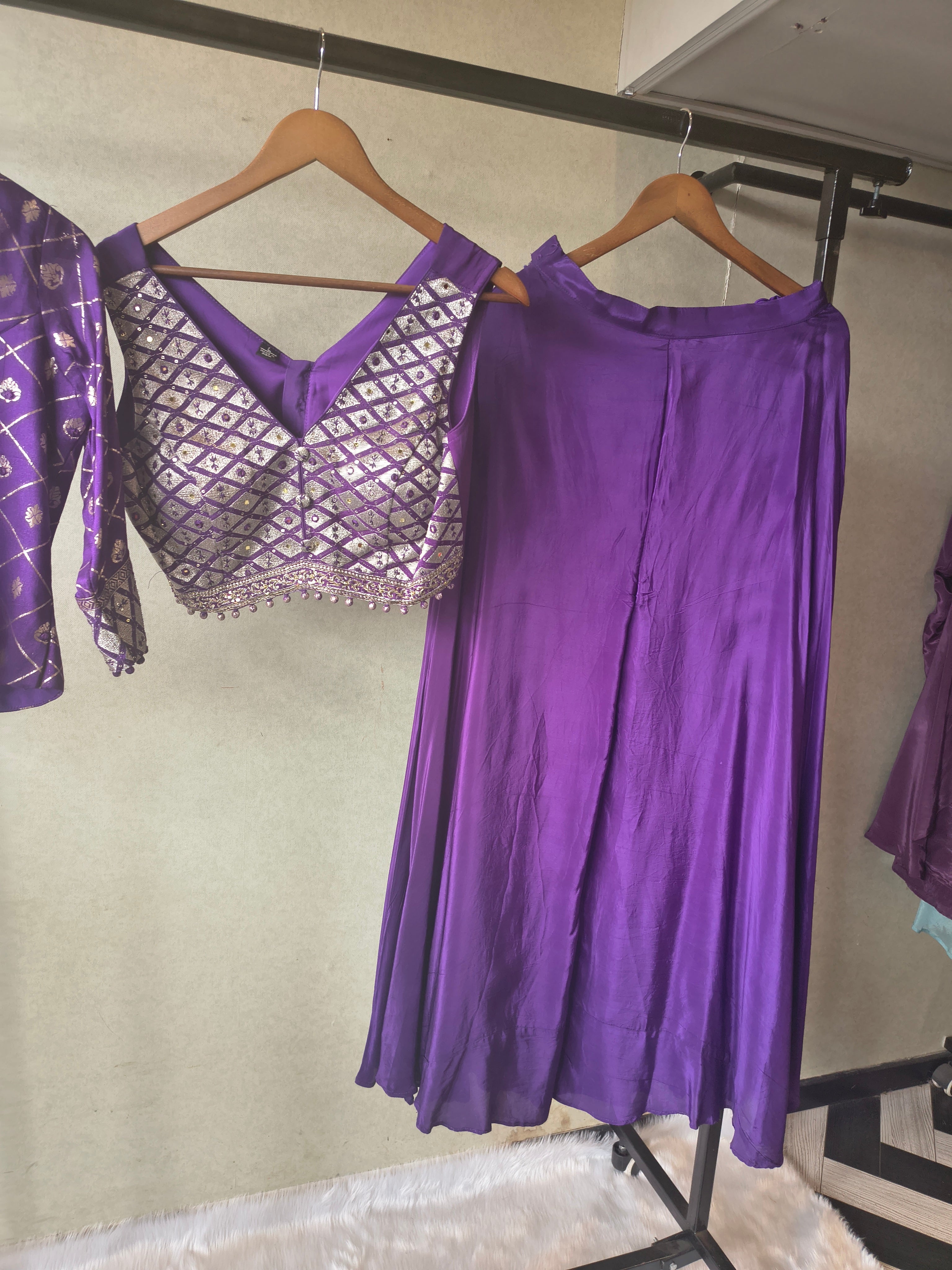 Image of Royal Purple Mirror Embellished Blouse with Printed Jacket & Flared Palazzo – 3 Piece Designer Indo-Western Set