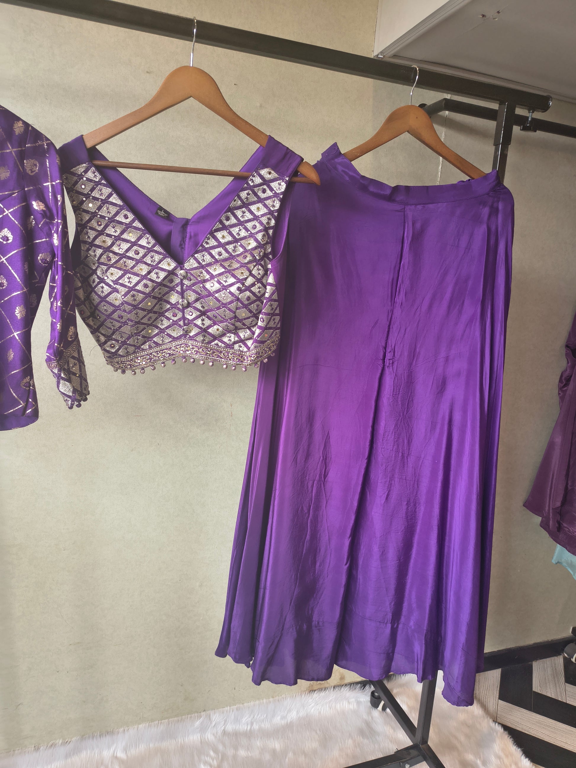 Royal Purple Mirror Embellished Blouse with Printed Jacket & Flared Palazzo – 3 Piece Designer Indo-Western Set