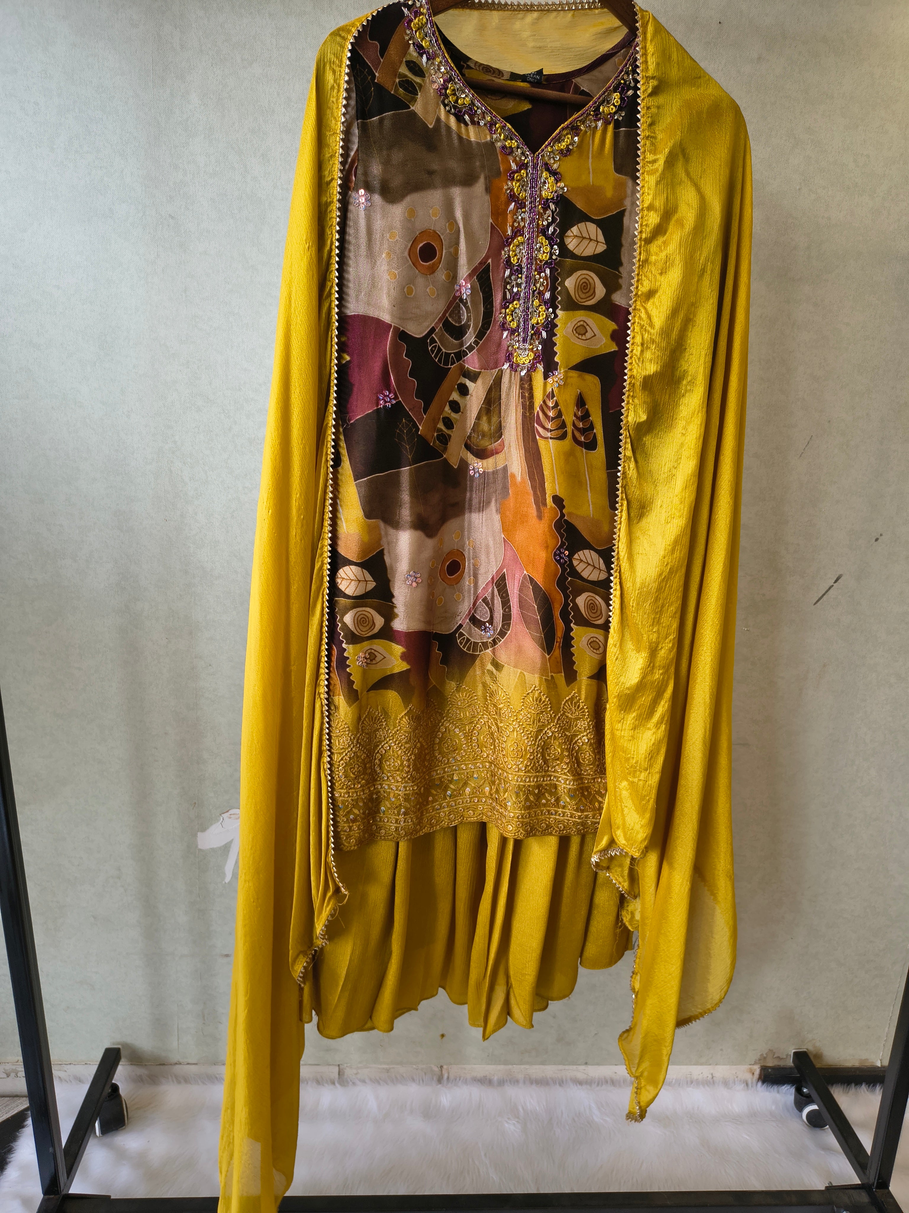 Image of Premium Mustard Abstract Printed Kurta with Sharara & Dupatta Set