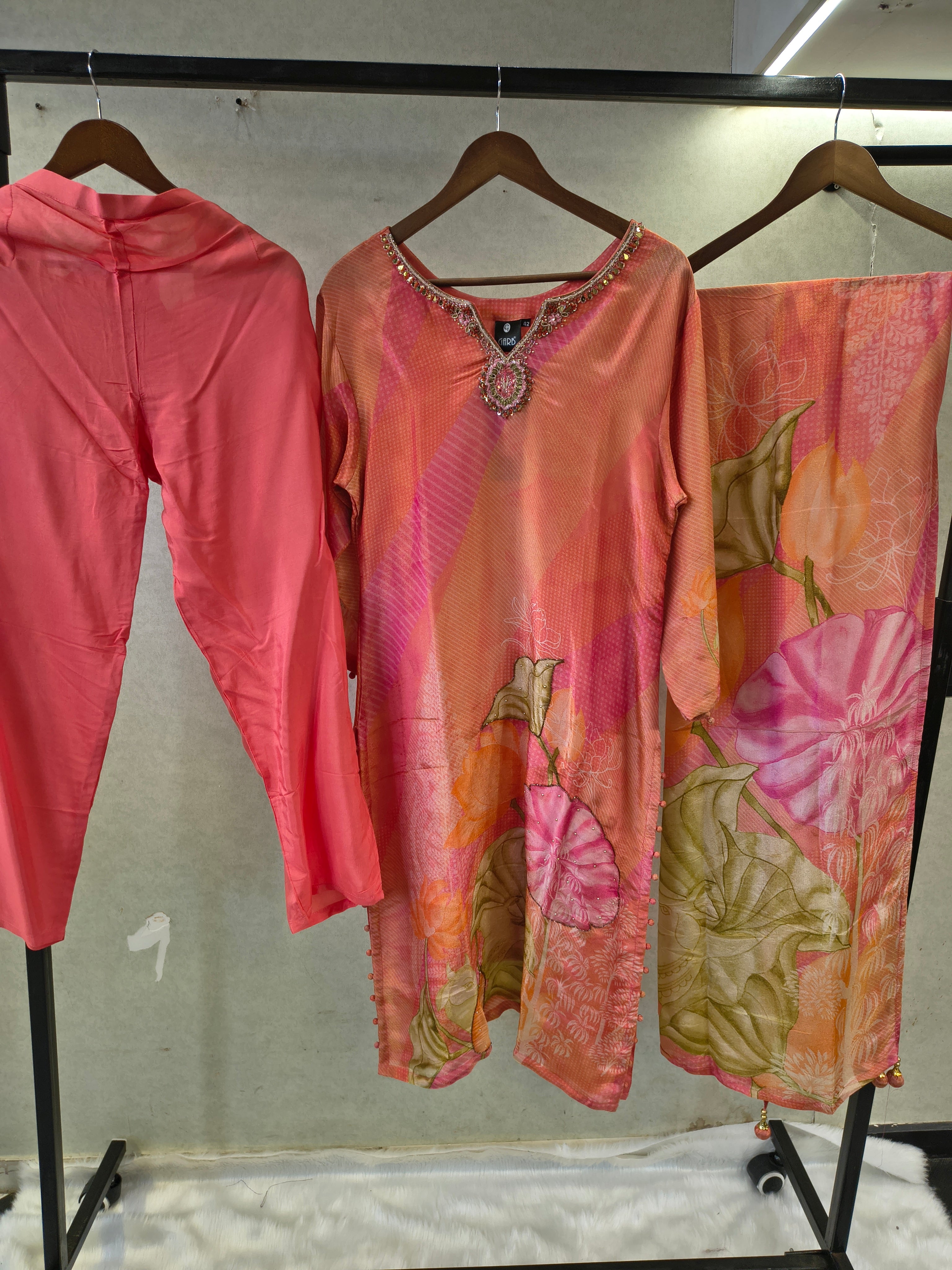 Image of Coral Pink Floral Printed Designer Kurta Set with Embellished Neckline & Printed Dupatta | Premium 3 Piece Festive Ensemble