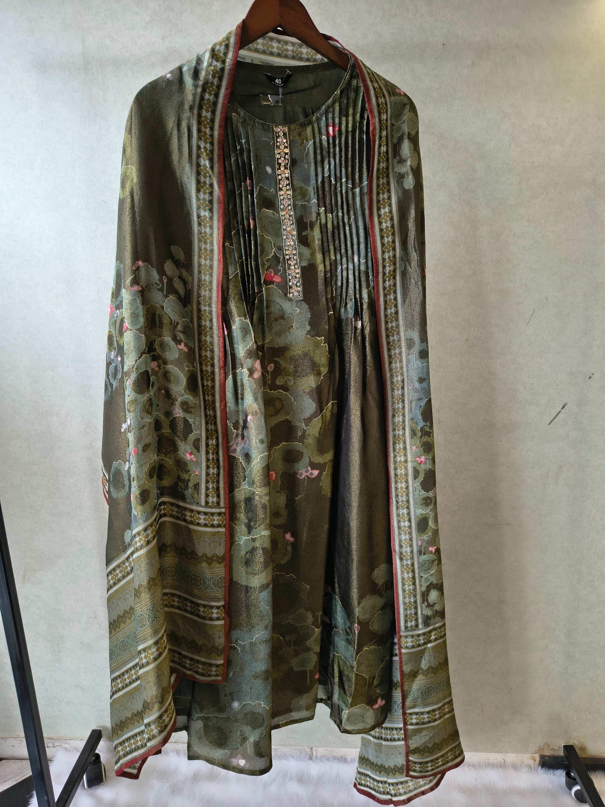 Premium Olive Green Abstract Printed A-Line Kurta Set with Dupatta