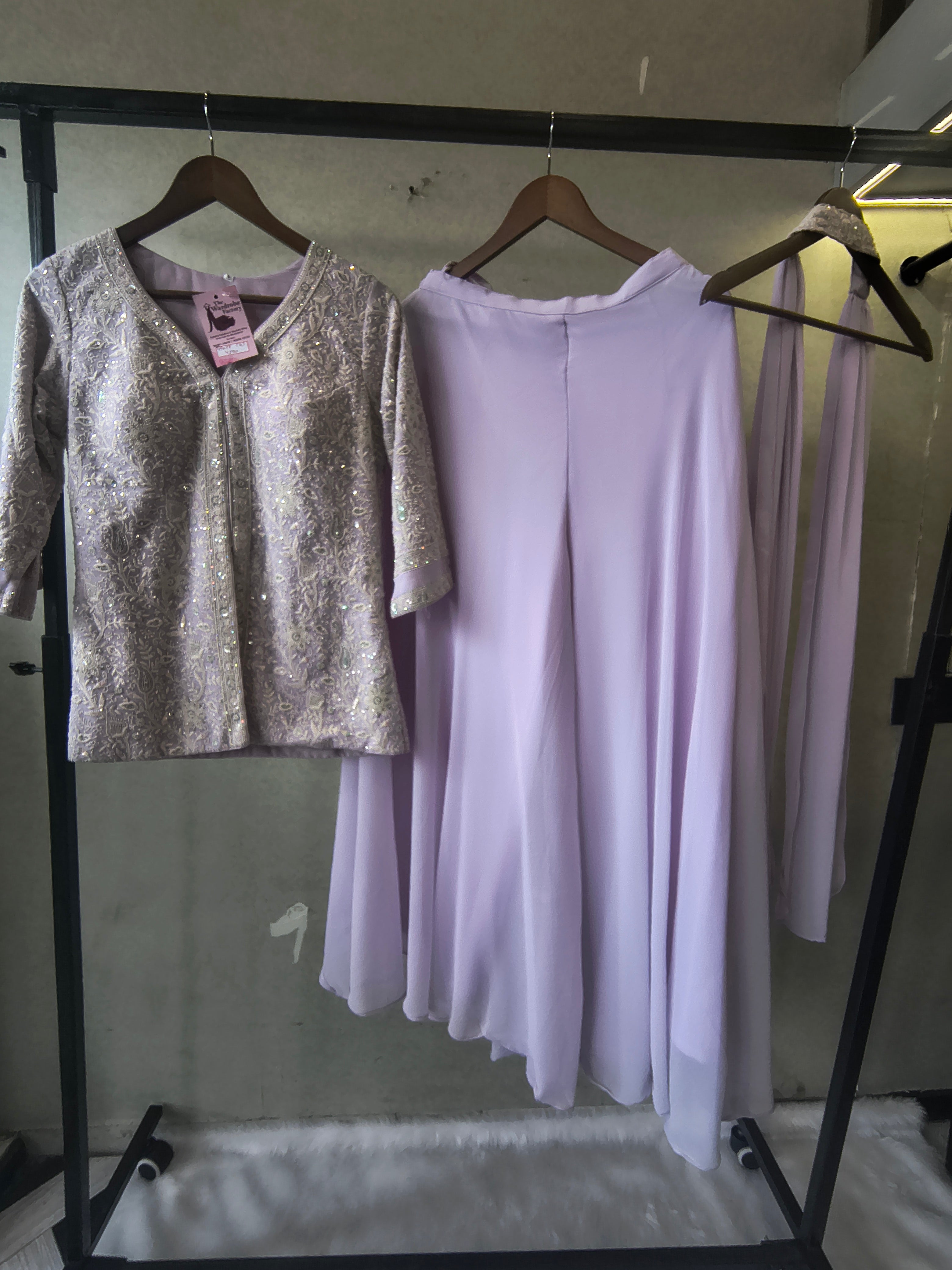 Image of Pastel Lilac Designer Embroidered Peplum Sharara Set with Chiffon Dupatta | Premium 3 Piece Festive Ensemble