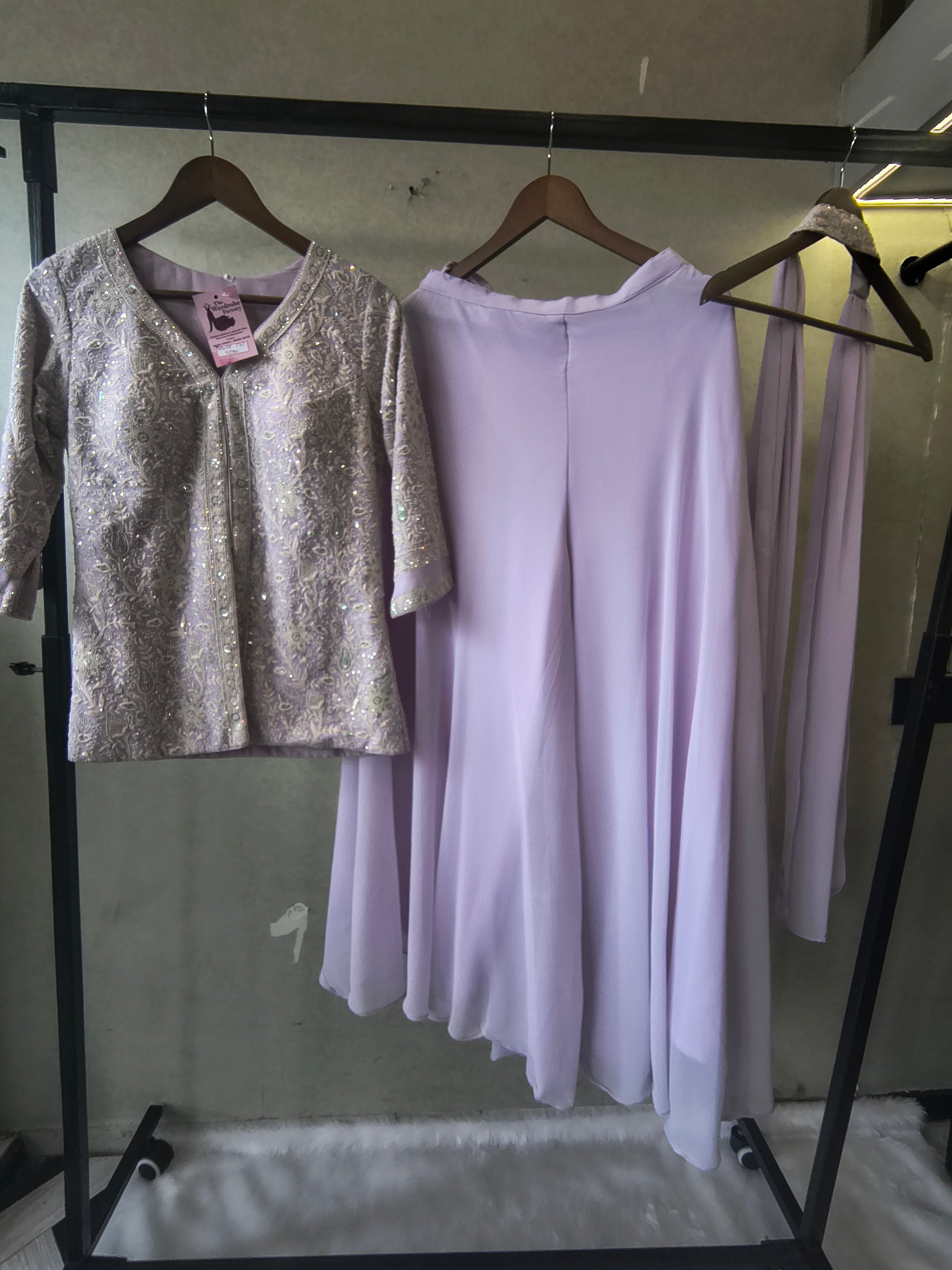 Pastel Lilac Designer Embroidered Peplum Sharara Set with Chiffon Dupatta | Premium 3 Piece Festive Ensemble