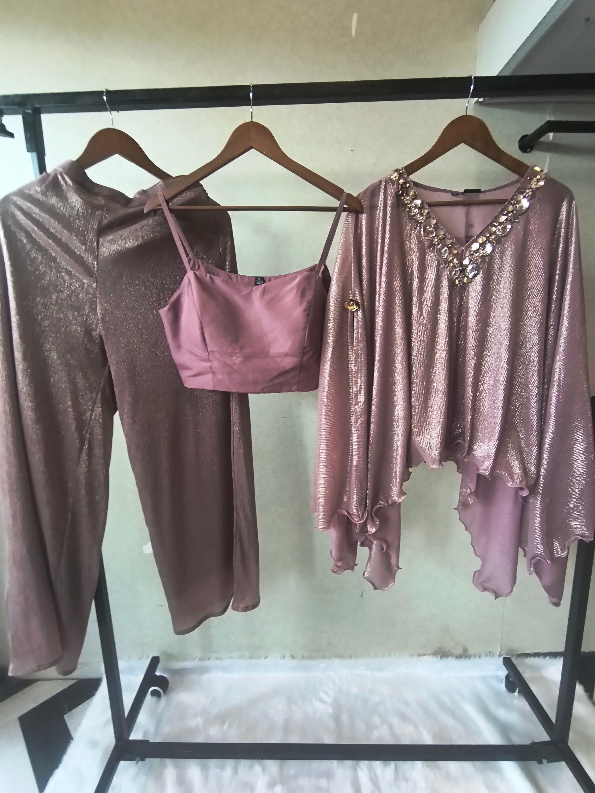 Premium Rose Gold Shimmer Kaftan Co-Ord Set with Hand Embellished Cape & Straight Pants